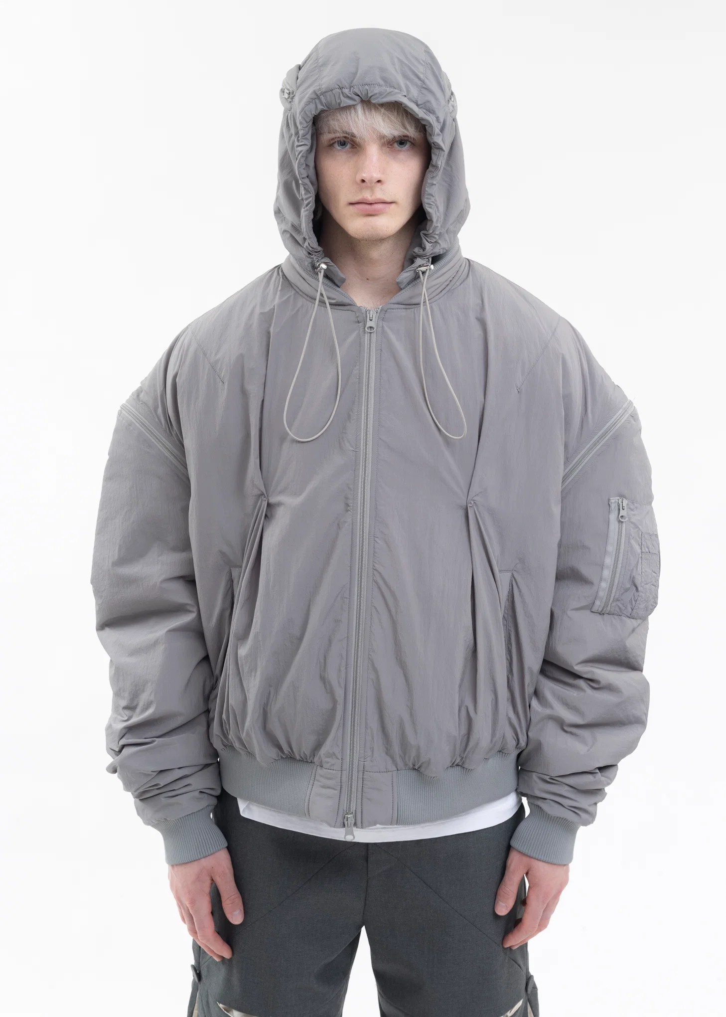 GREY BOMBER EYELET EMBROIDERY FRONT