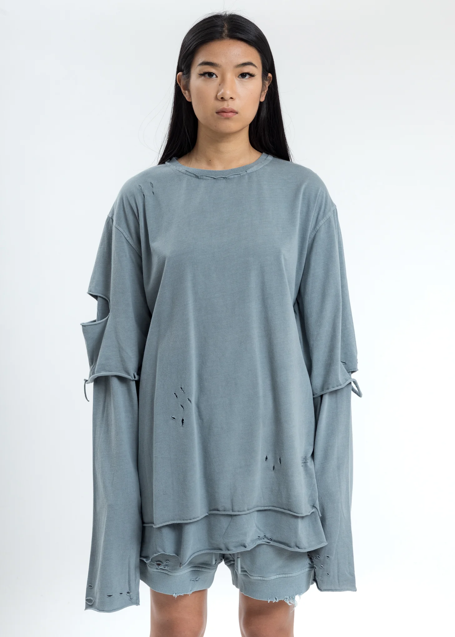 Grey Distressed Double Layer Long Sleeves