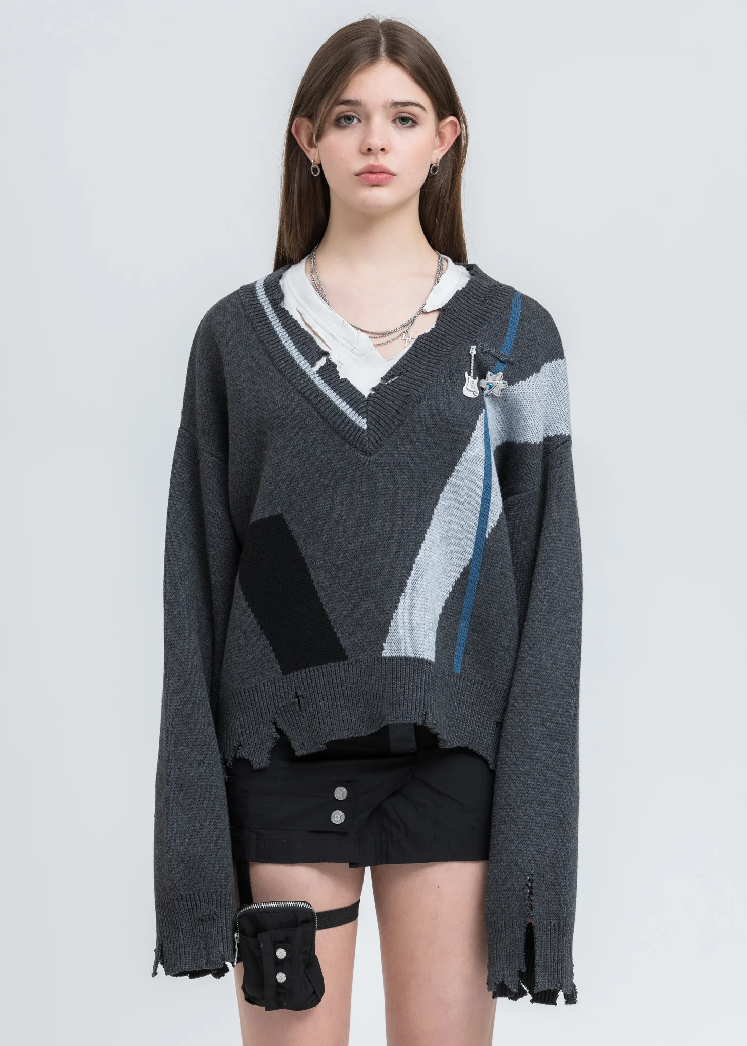 Grey Distressed Geometry Knit Layered Sweater