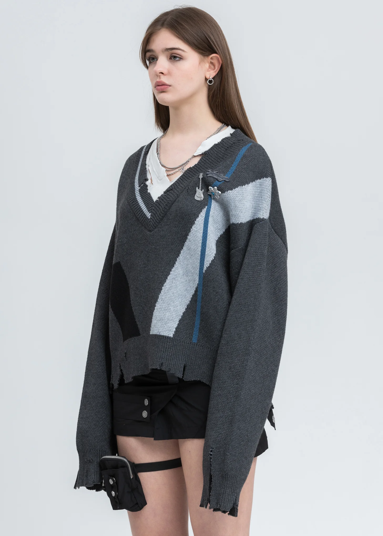 Grey Distressed Geometry Knit Layered Sweater - Image 3