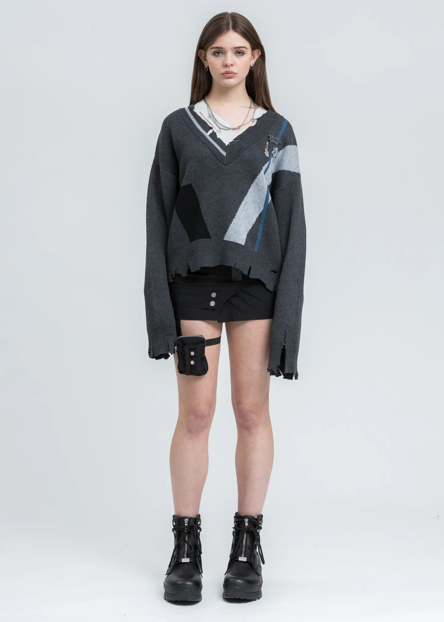Grey Distressed Geometry Knit Layered Sweater - Image 5