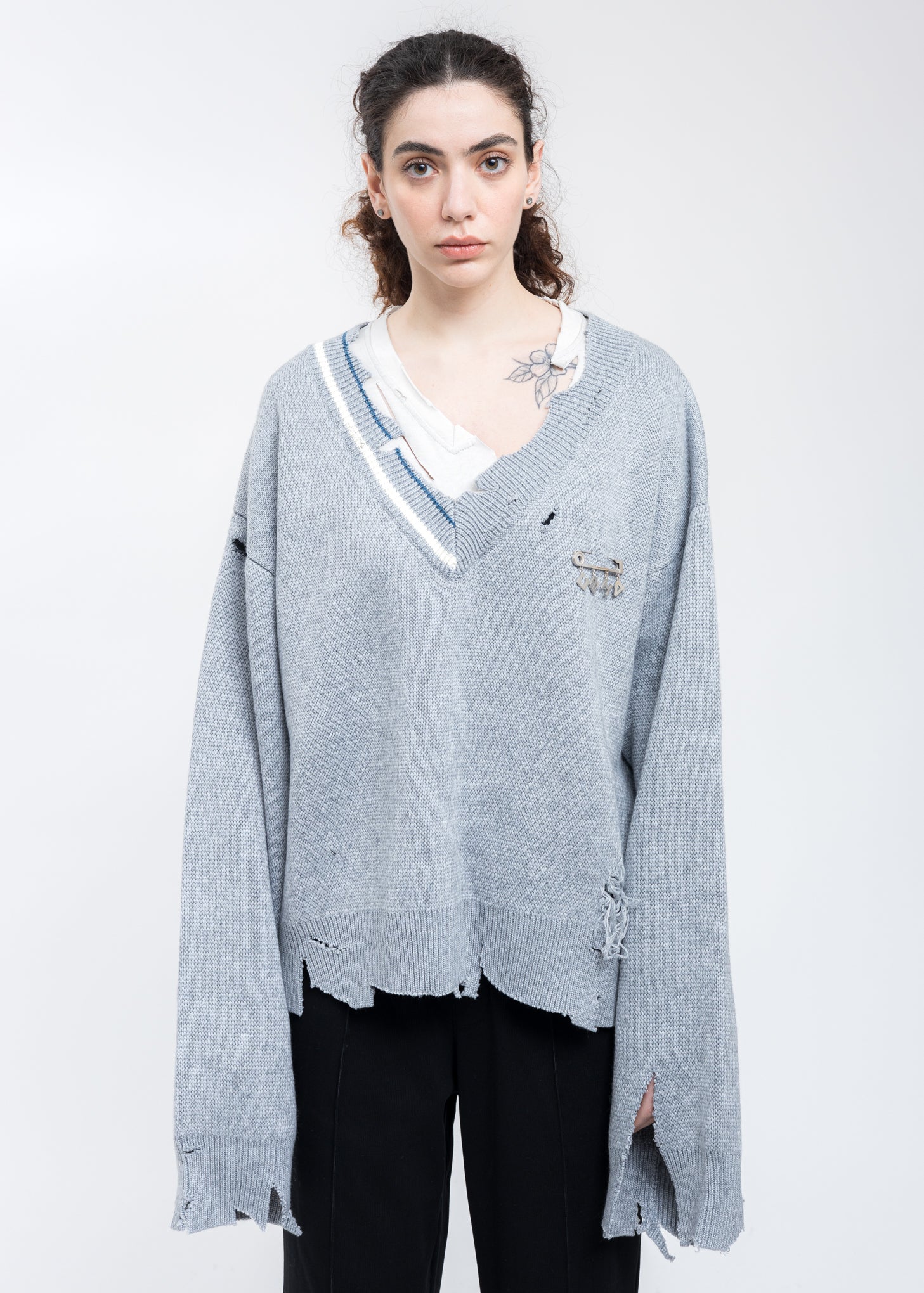 Grey Distressed Knit Layered Sweater
