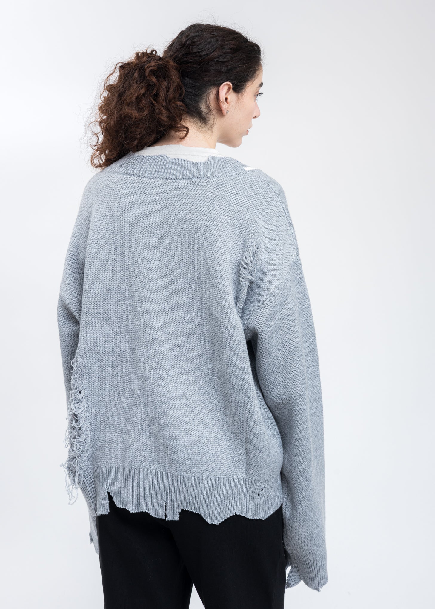 Grey Distressed Knit Layered Sweater - Image 4
