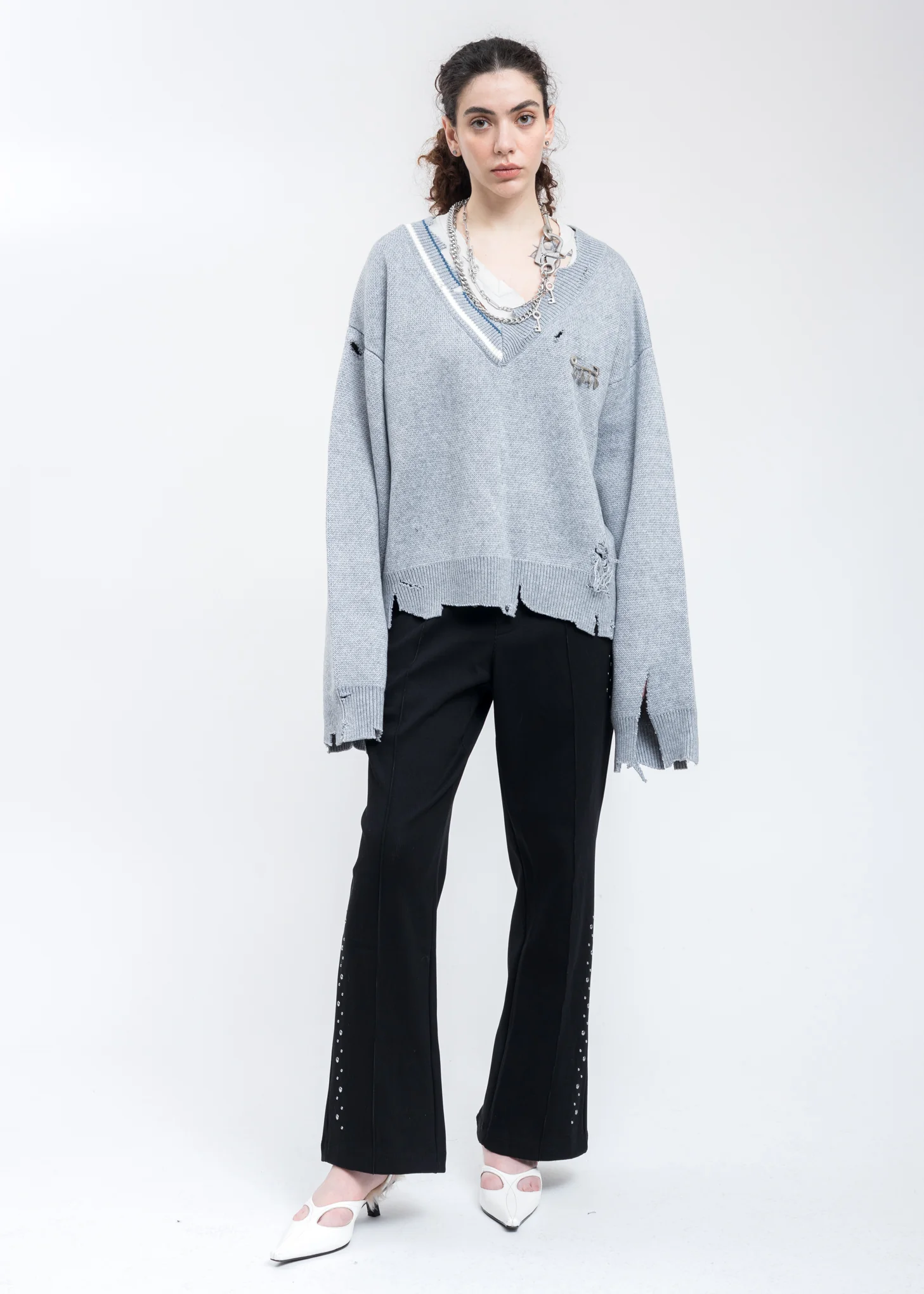Grey Distressed Knit Layered Sweater - Image 6