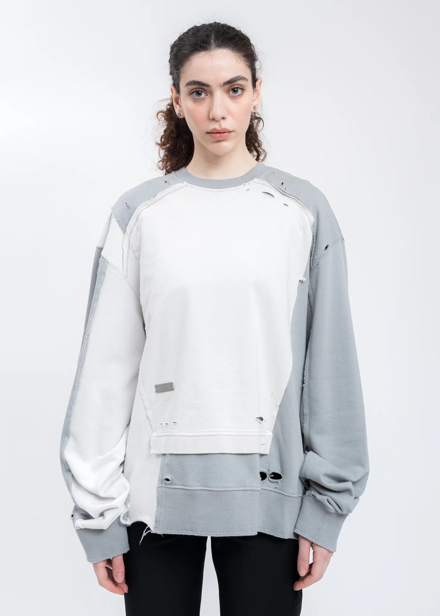 Grey Distressed Panelled Vagrant Crewneck