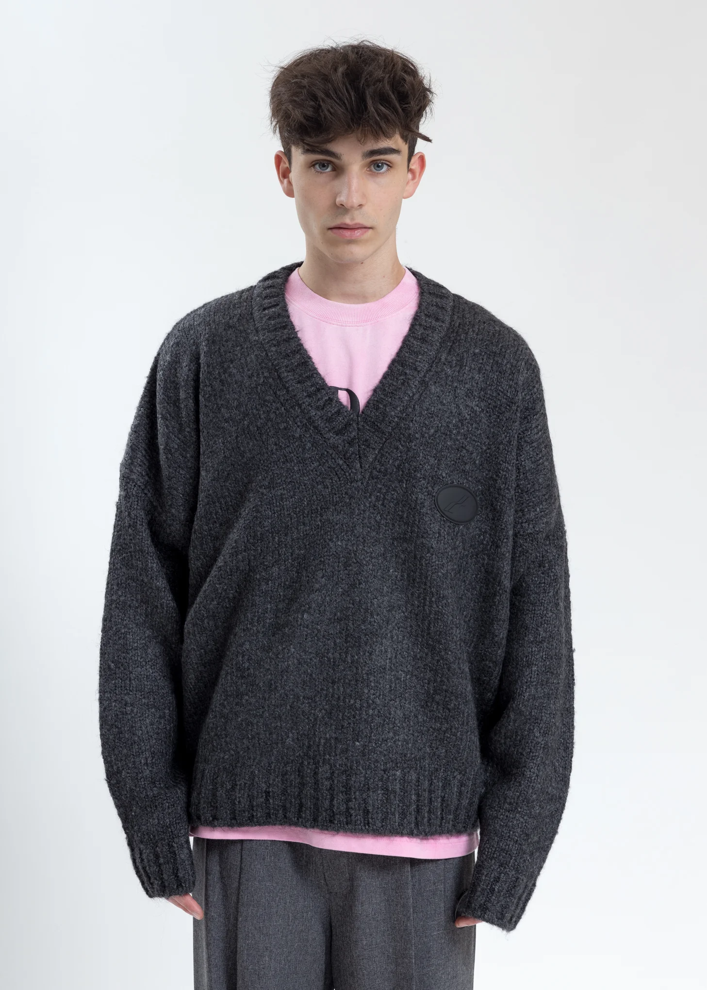 Grey Embroidered Logo Oversized Knit Sweater