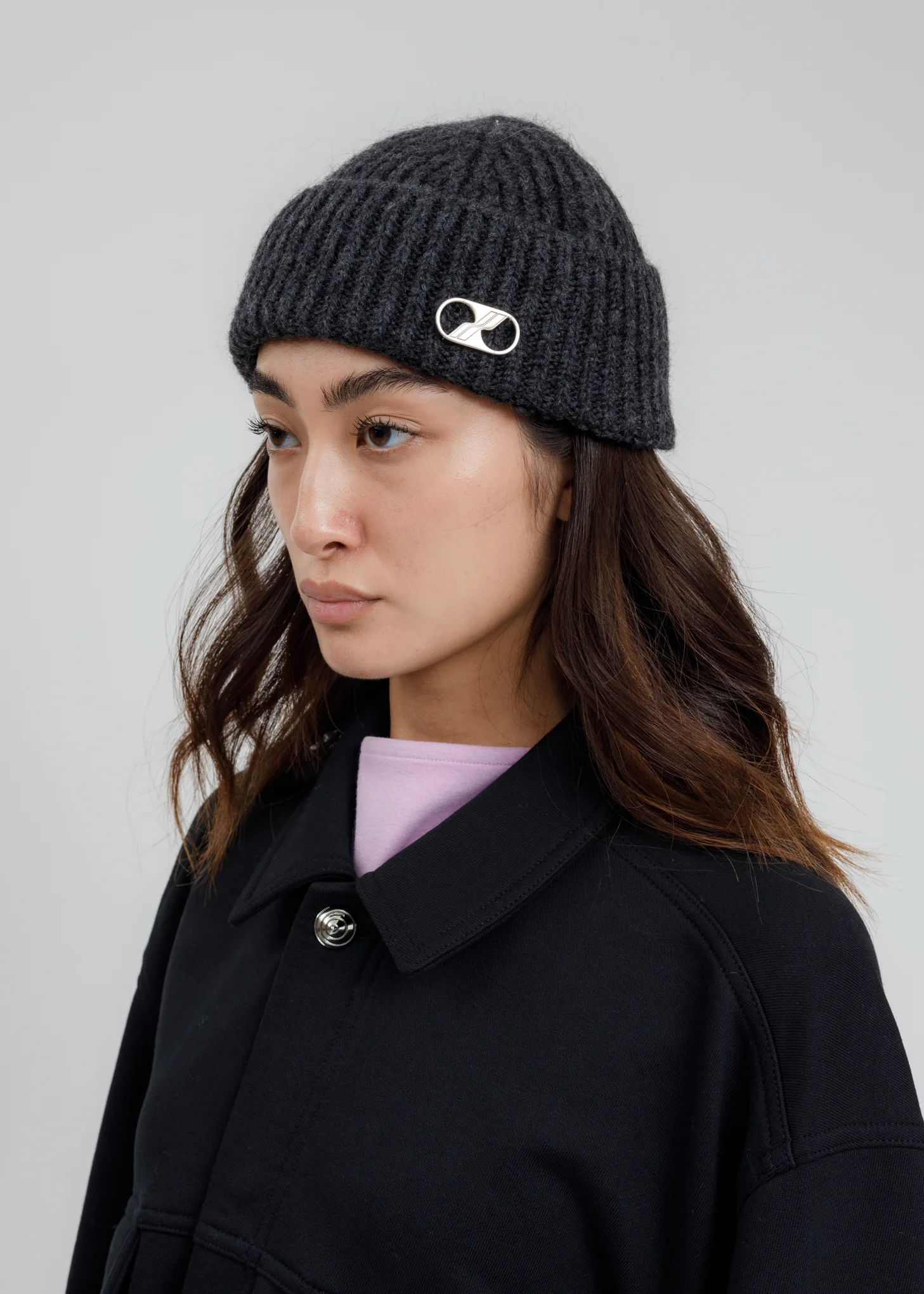 Grey Embroidered Metal Logo Short Beanie