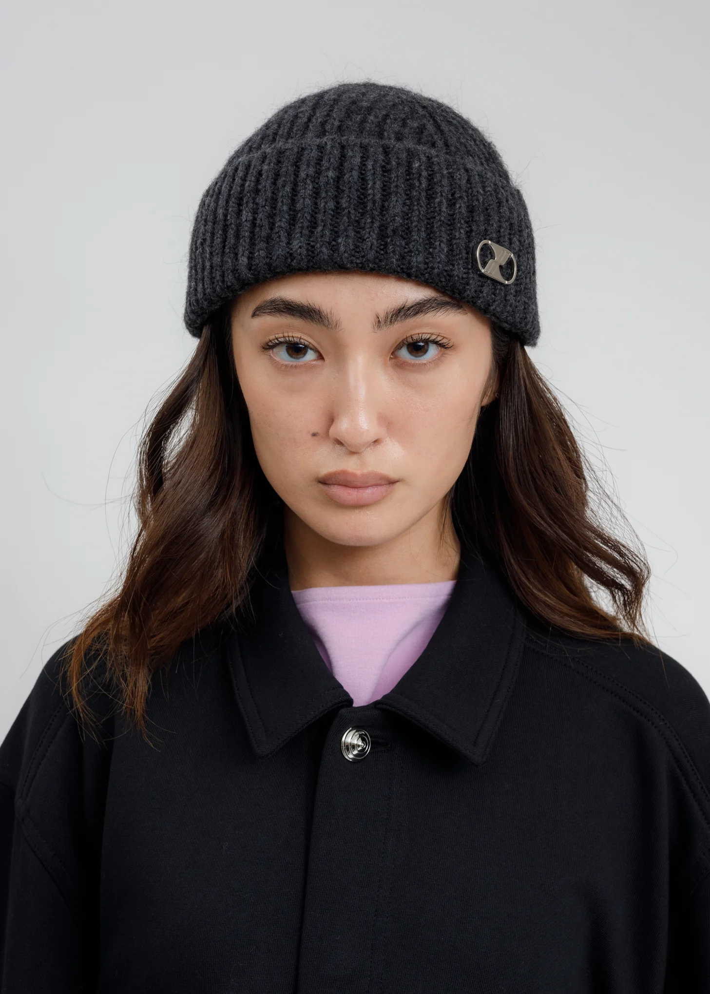 Grey Embroidered Metal Logo Short Beanie - Image 2