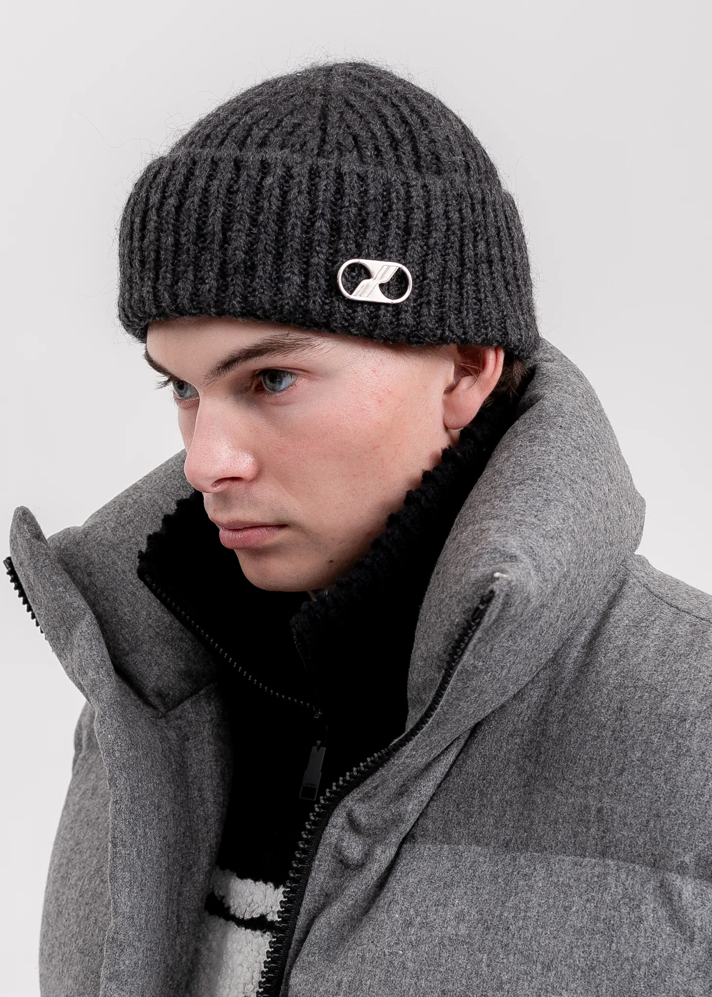 Grey Embroidered Metal Logo Short Beanie