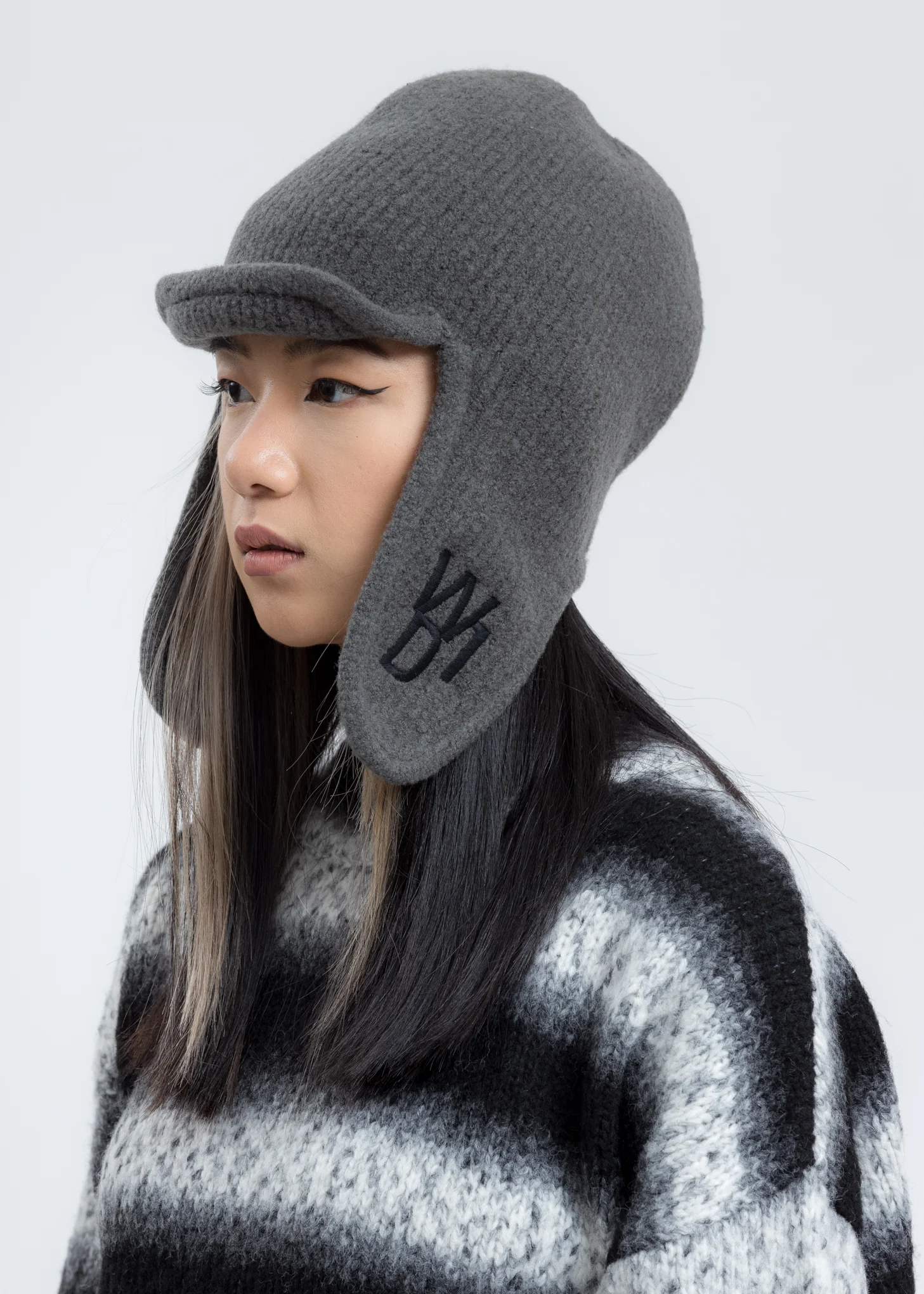 Grey Felted Knit Earflap Hat