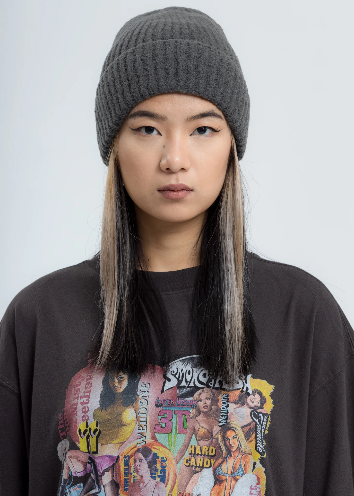Grey Felted Knit Long Beanie W/Pin