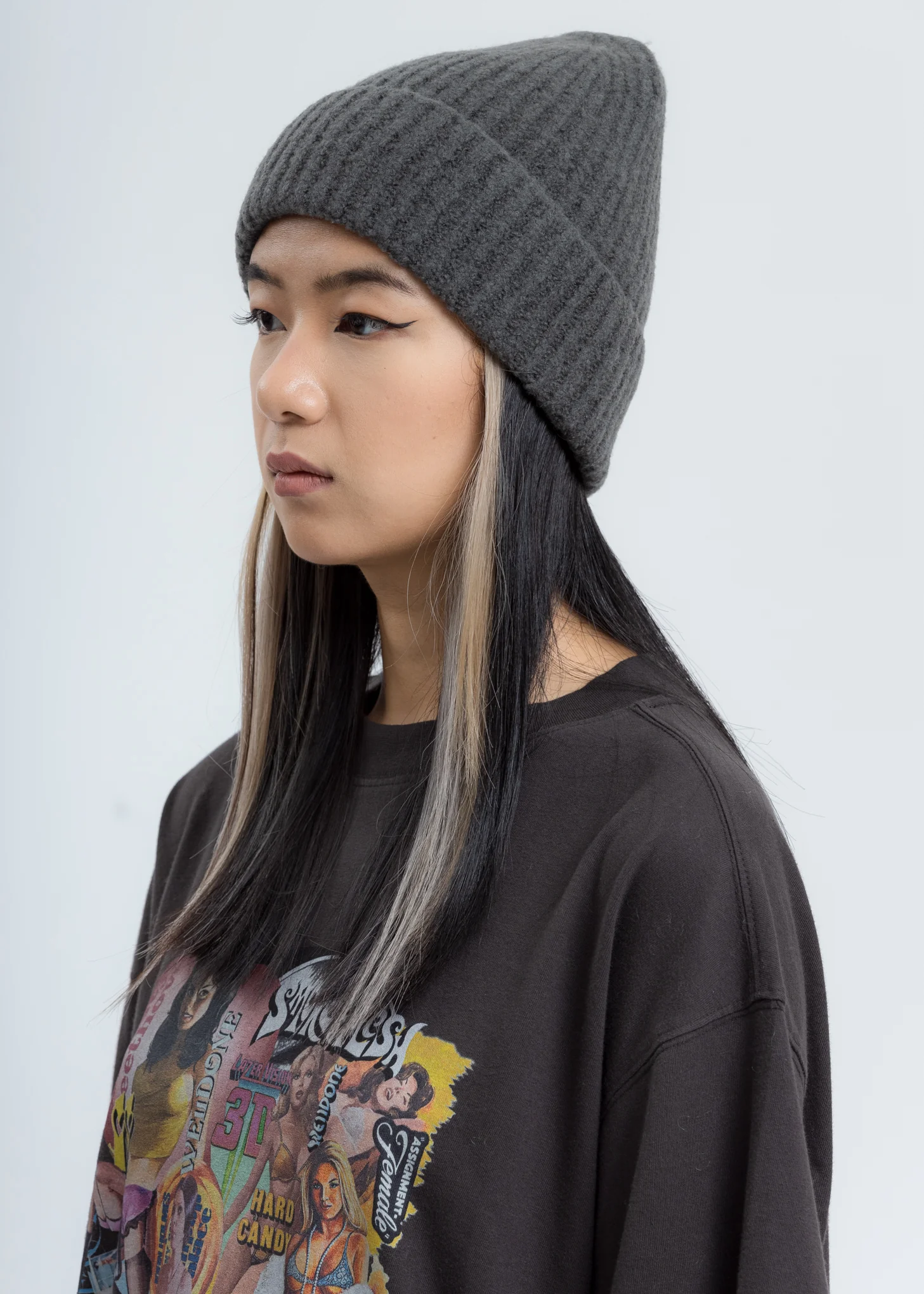 Grey Felted Knit Long Beanie W/Pin - Image 3