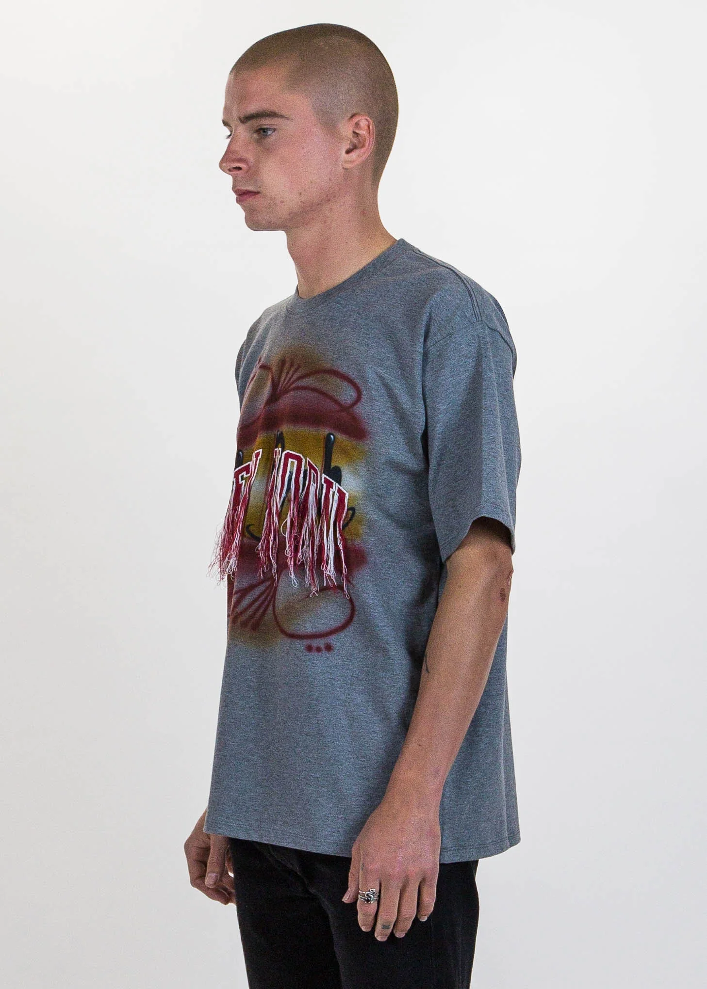 Grey Fringe Embroidery Air Brush T-Shirt