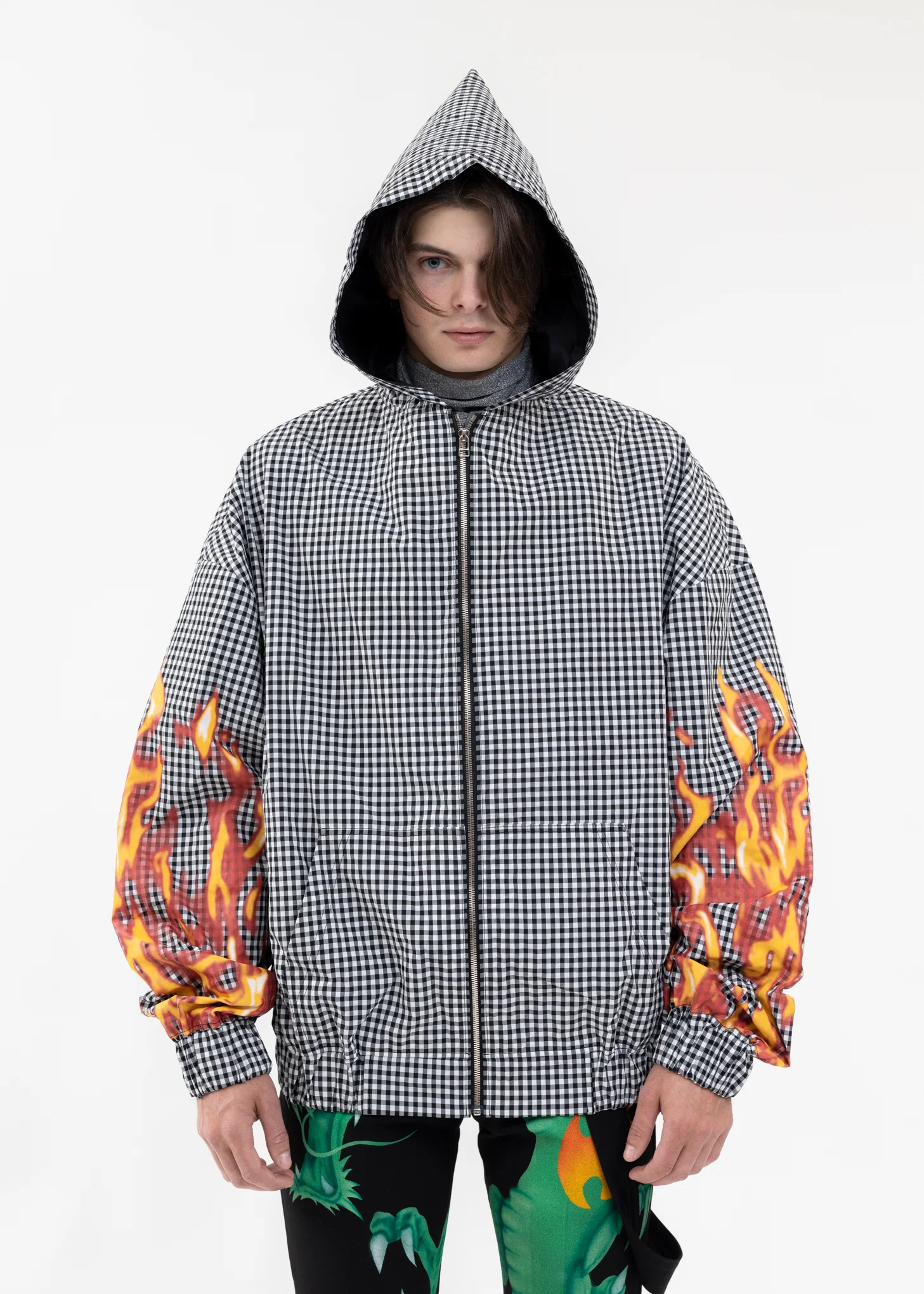 GREY GINGHAM ZIPUP HOODIE