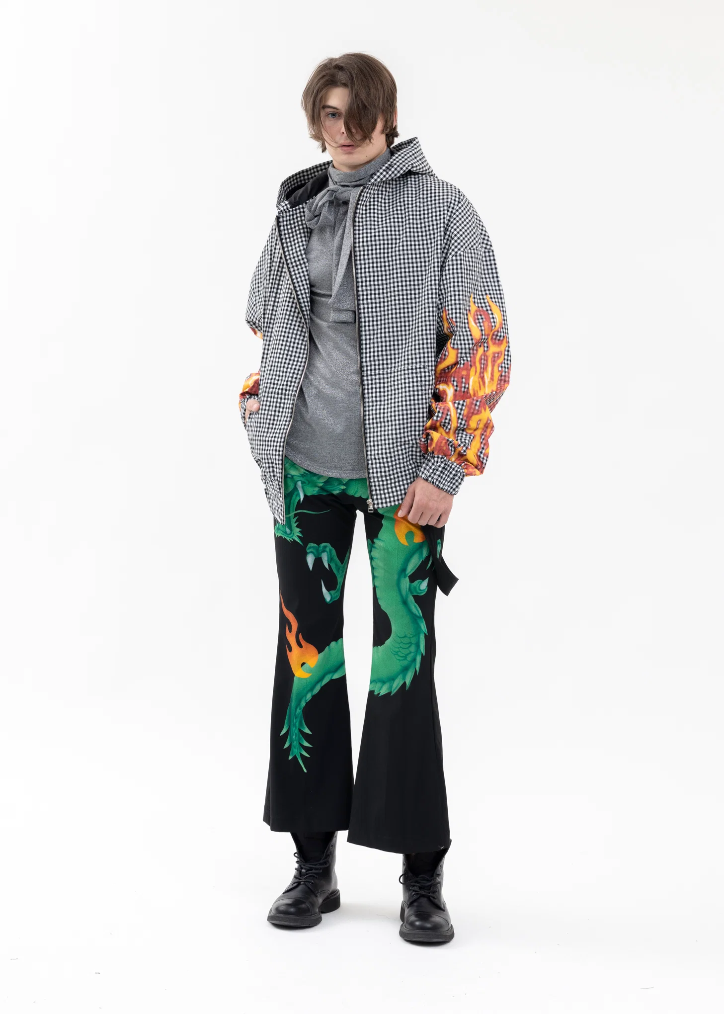 GREY GINGHAM ZIPUP HOODIE - Image 8