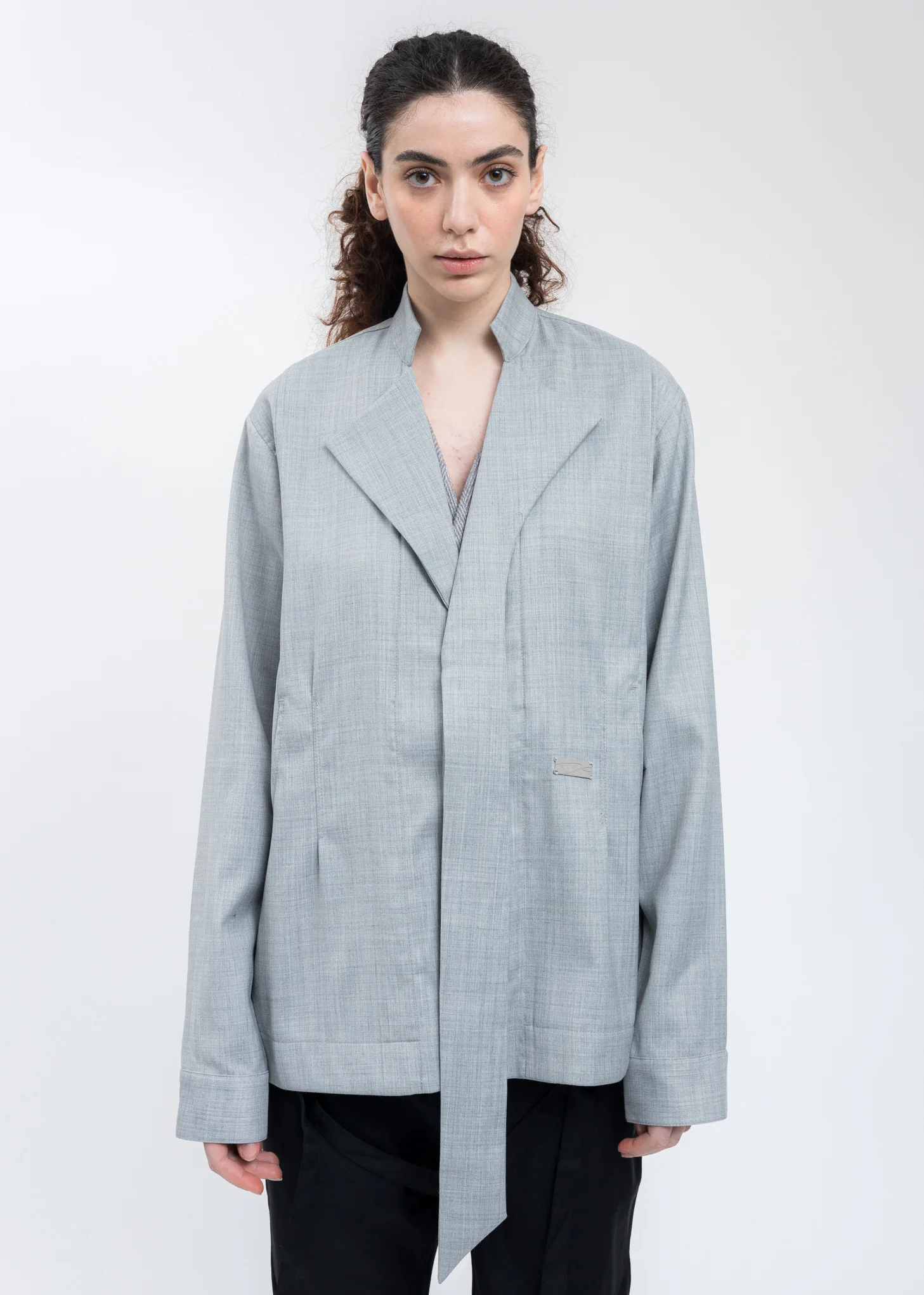 Grey Layered Arch Cutting Shirt Jacket