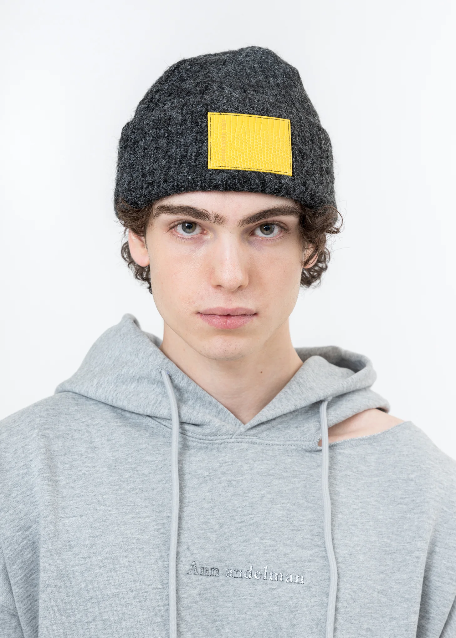 Grey Leather Pad Beanie