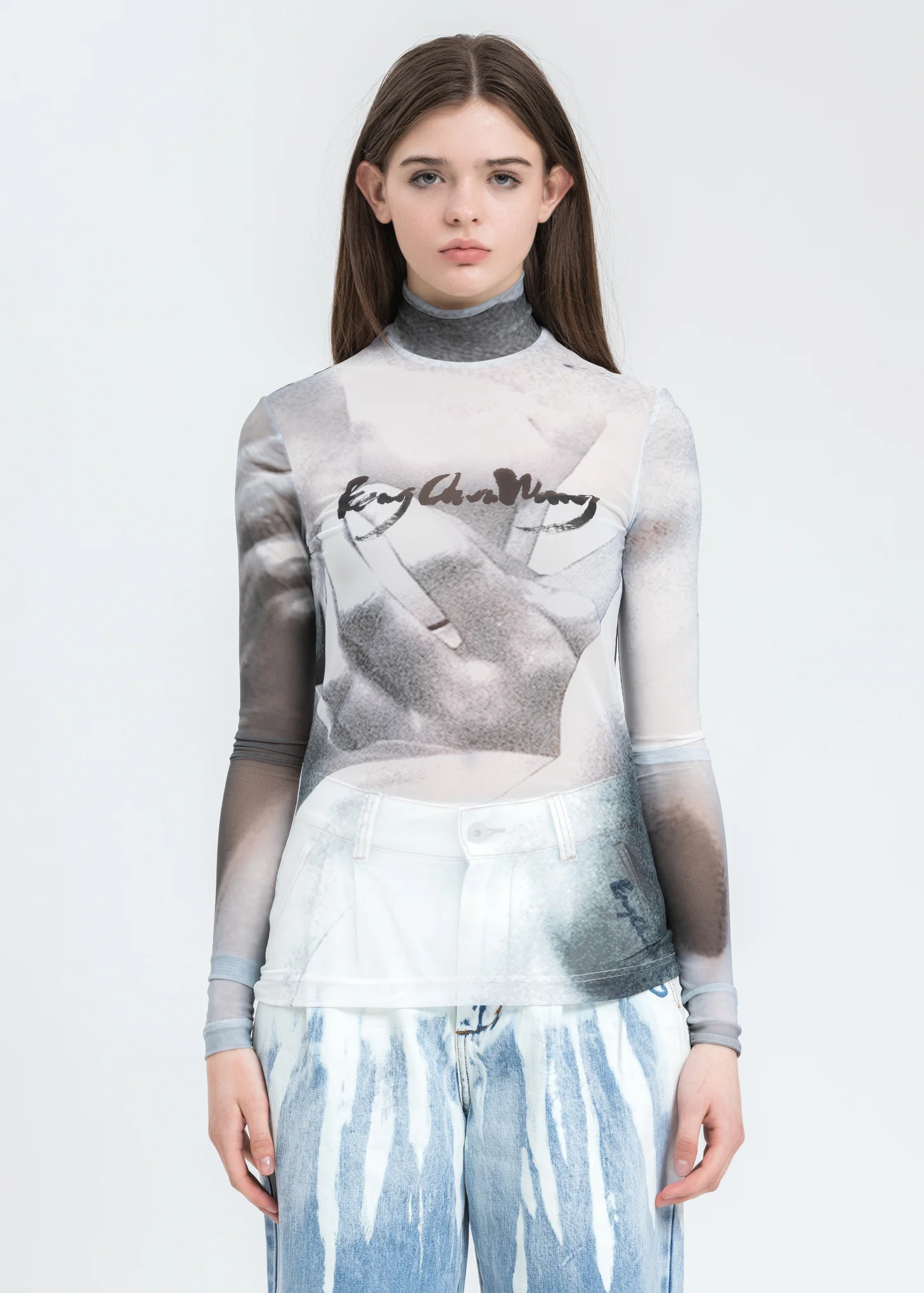 Grey Mesh Printed Long Sleeve