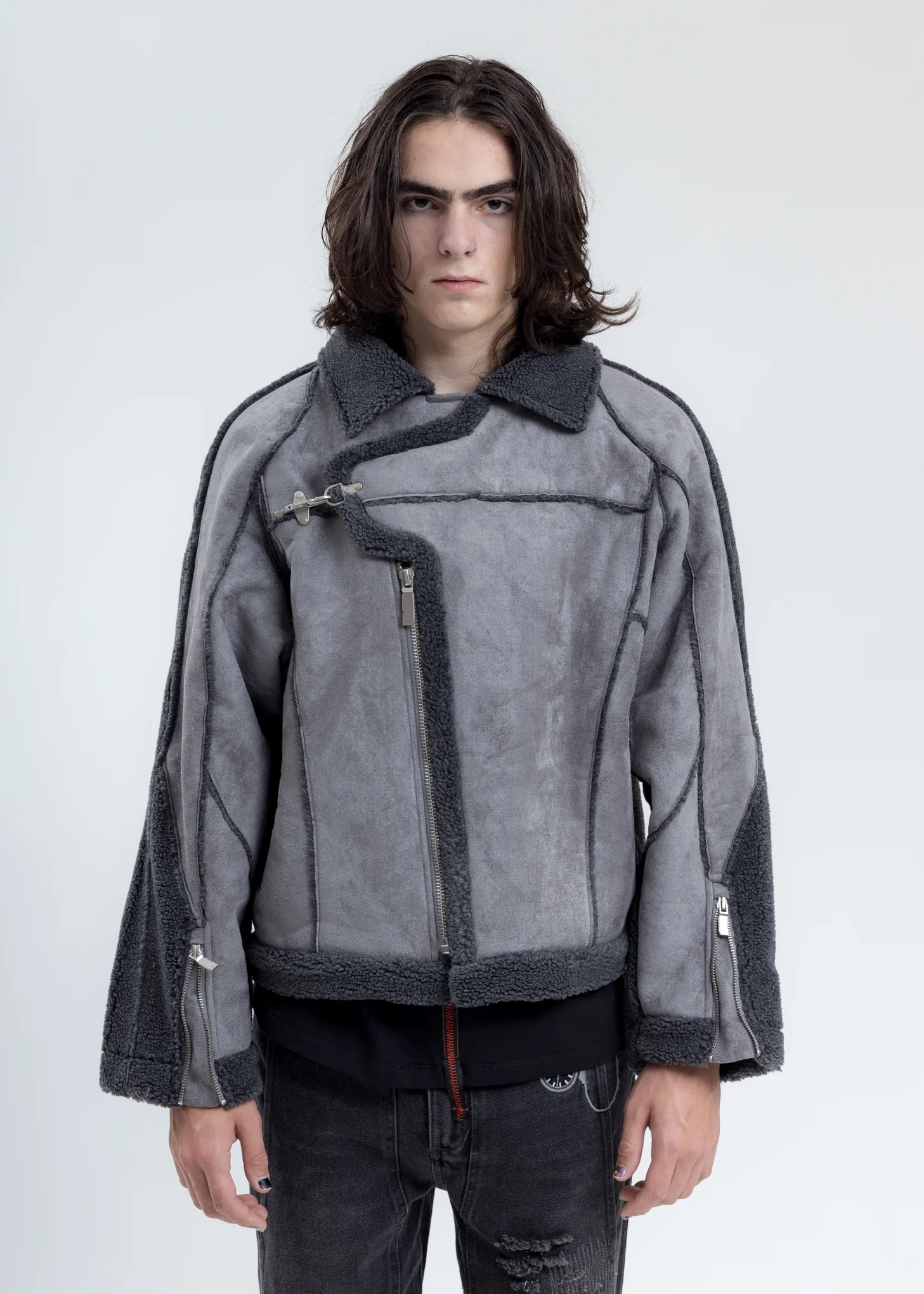 Grey Paneled Streamline Shearling Jacket