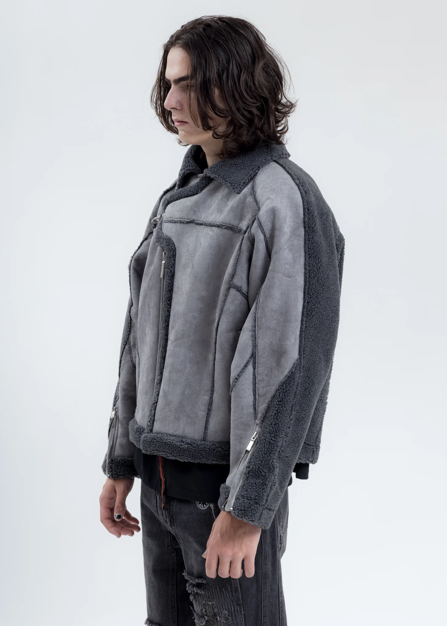 Grey Paneled Streamline Shearling Jacket - Image 3