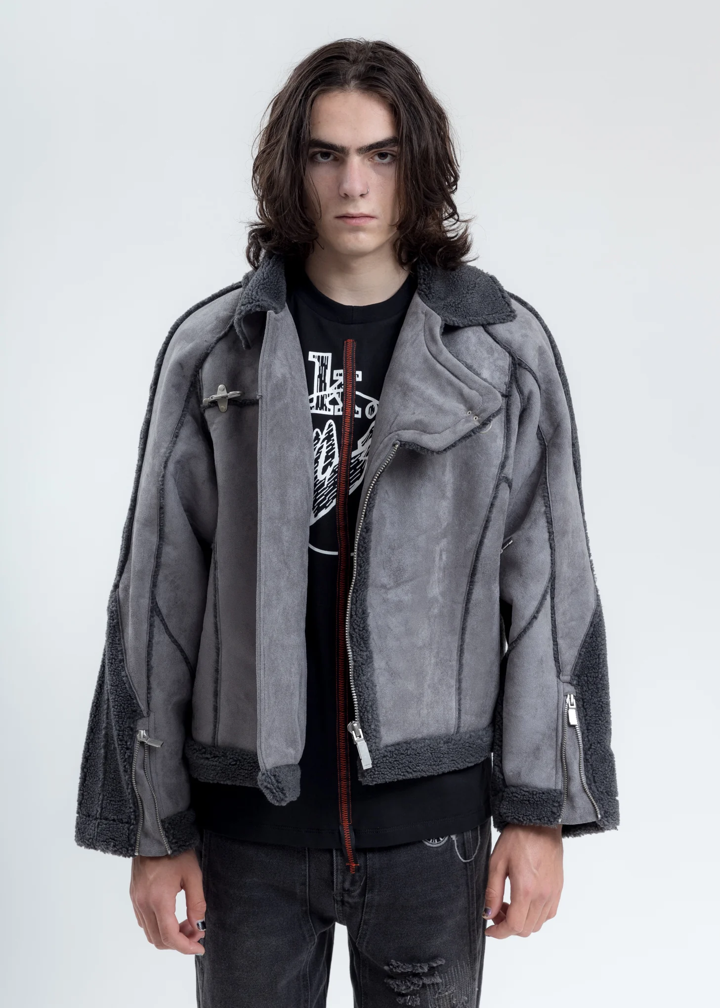 Grey Paneled Streamline Shearling Jacket - Image 5