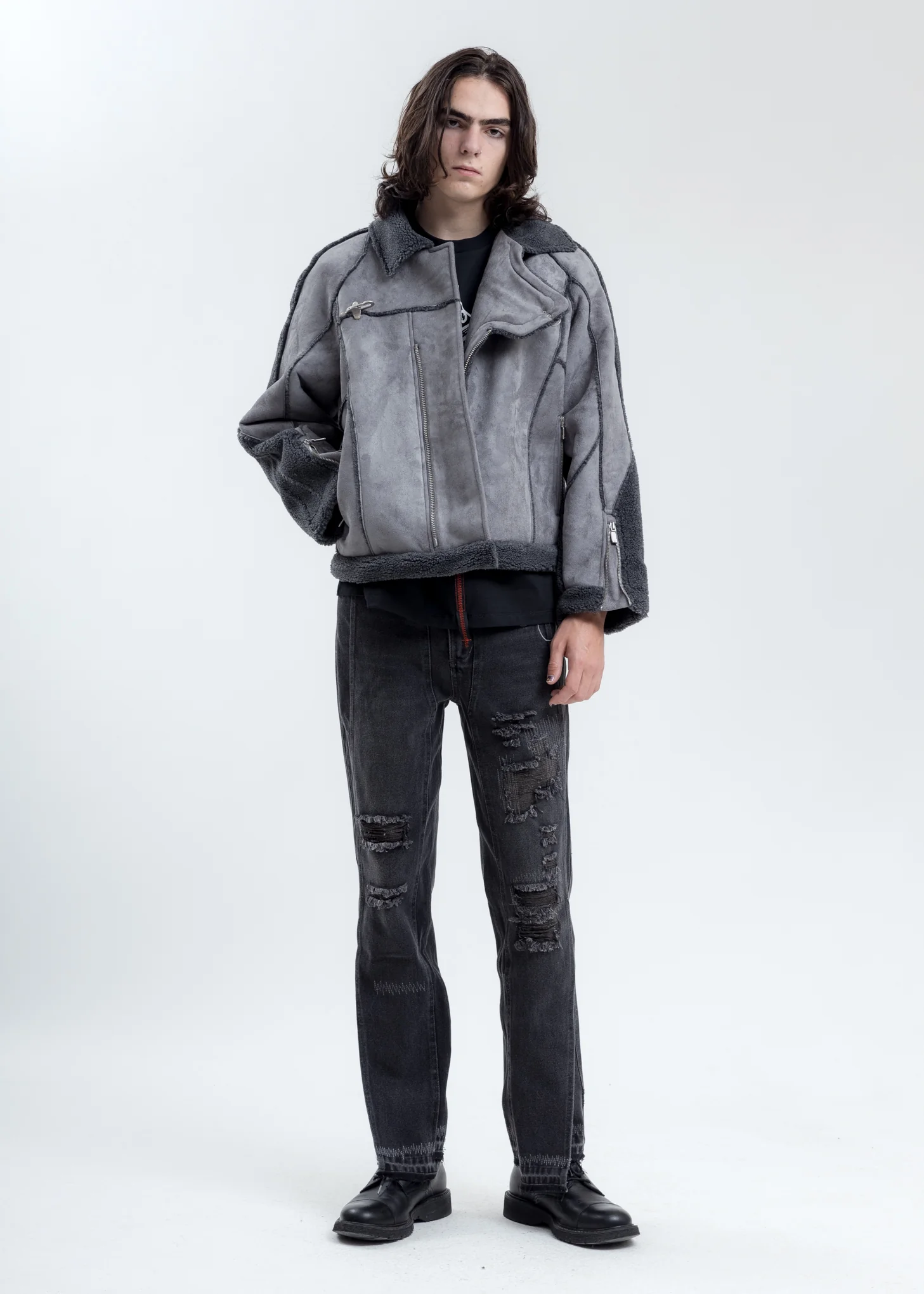 Grey Paneled Streamline Shearling Jacket - Image 6