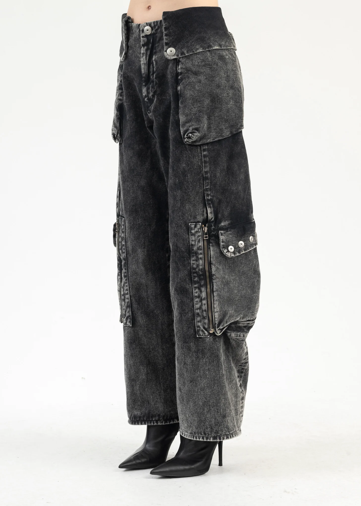 GREY POWDER DISCHARGE DENIM TOTEM CARGO TROUSERS - Image 2