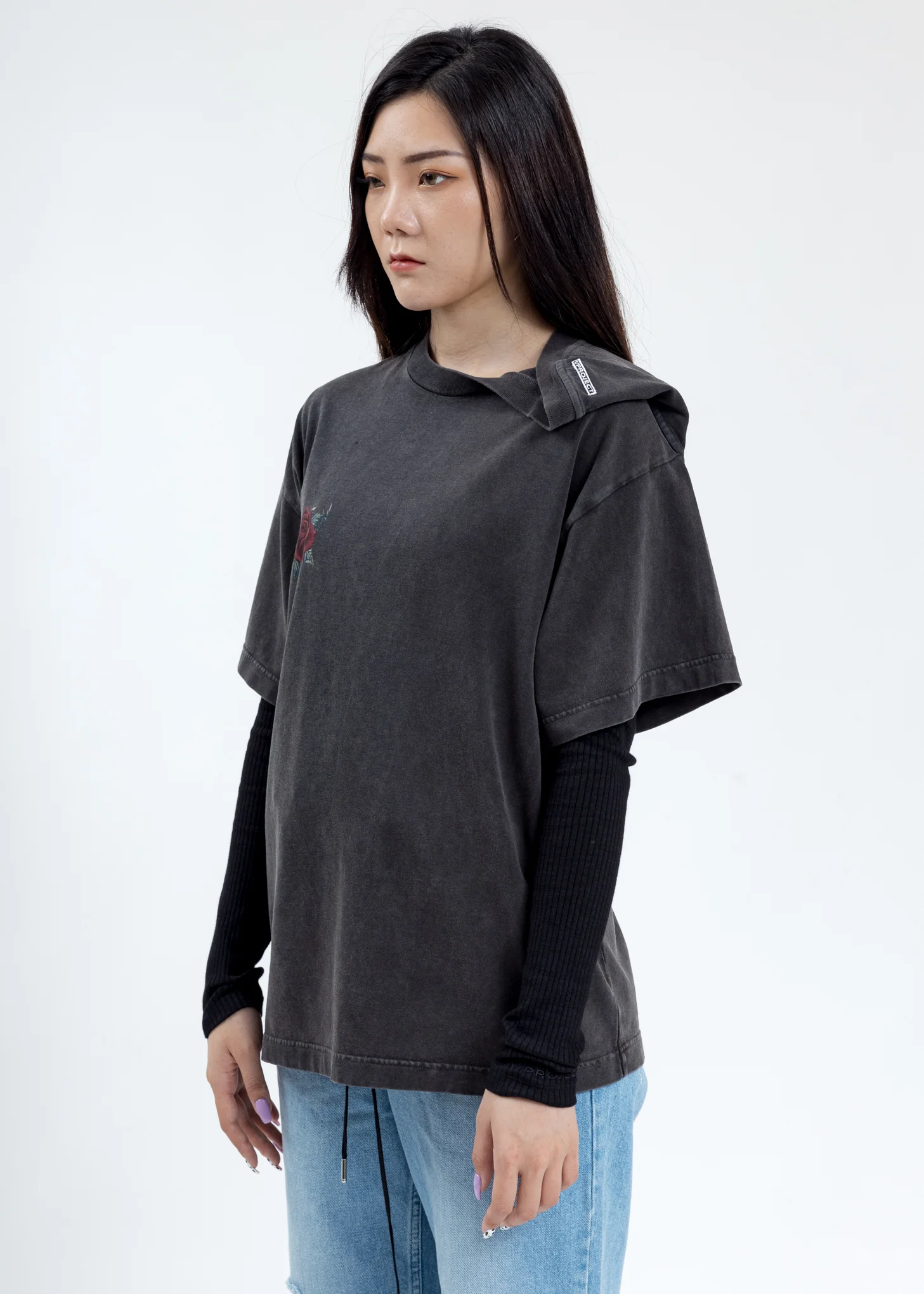 Grey Rose Clipped Shoulder T-Shirt - Image 3