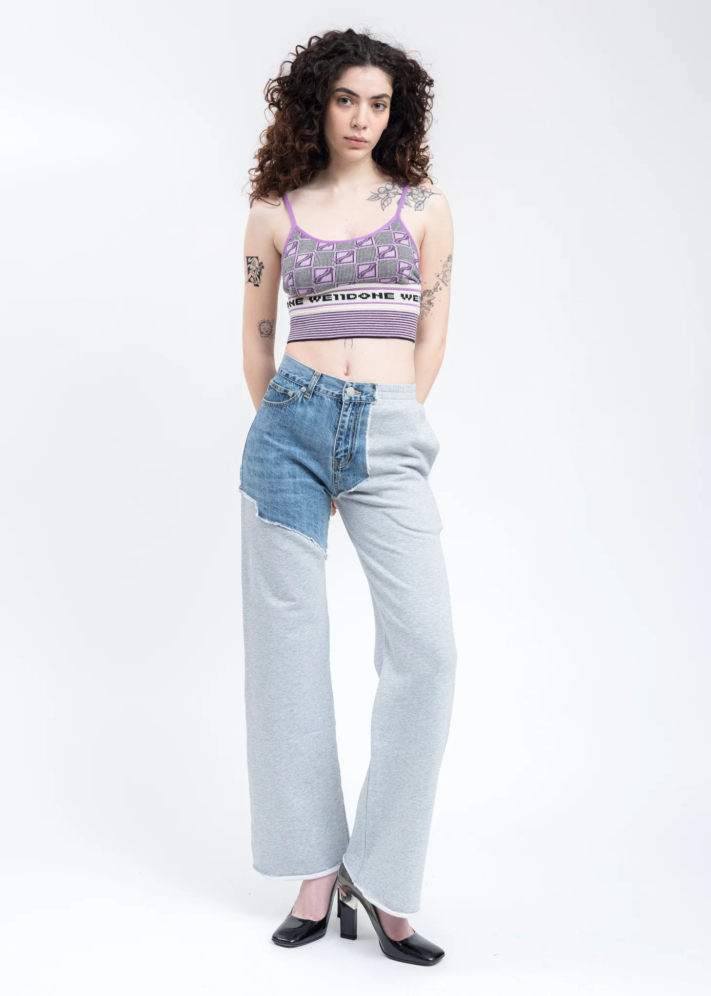 Grey Mix Sweatpants And Blue Denim Patchwork Pants - Image 6