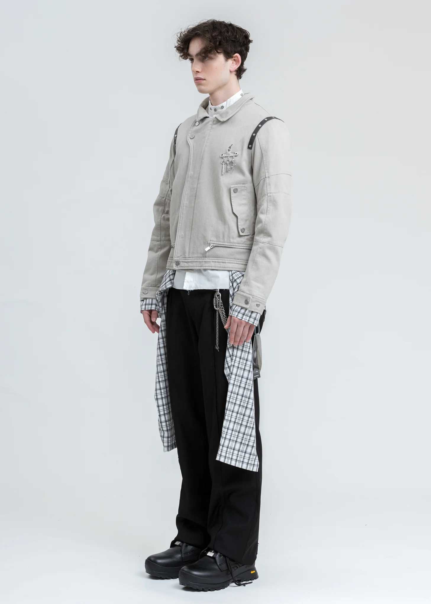 Grey Tied Shirt Layered Work Jacket - Image 3