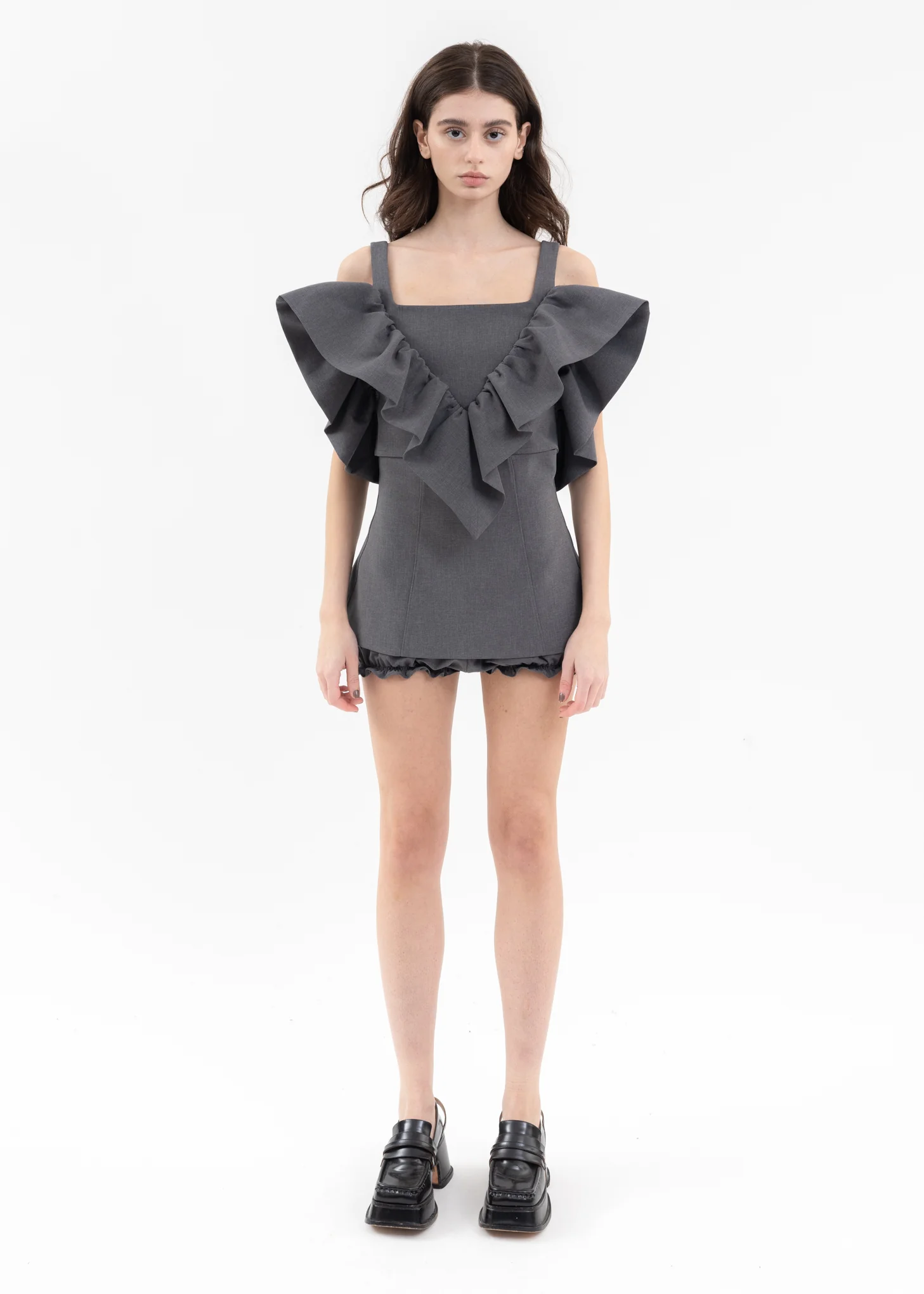 Grey V Line Ruffle Top