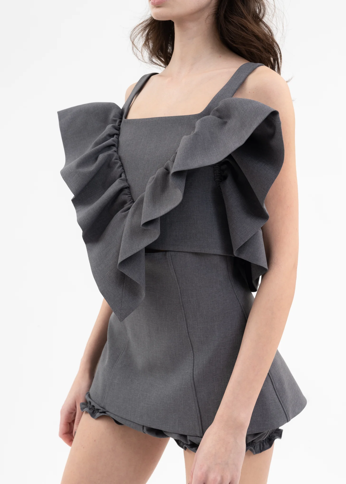 Grey V Line Ruffle Top - Image 2