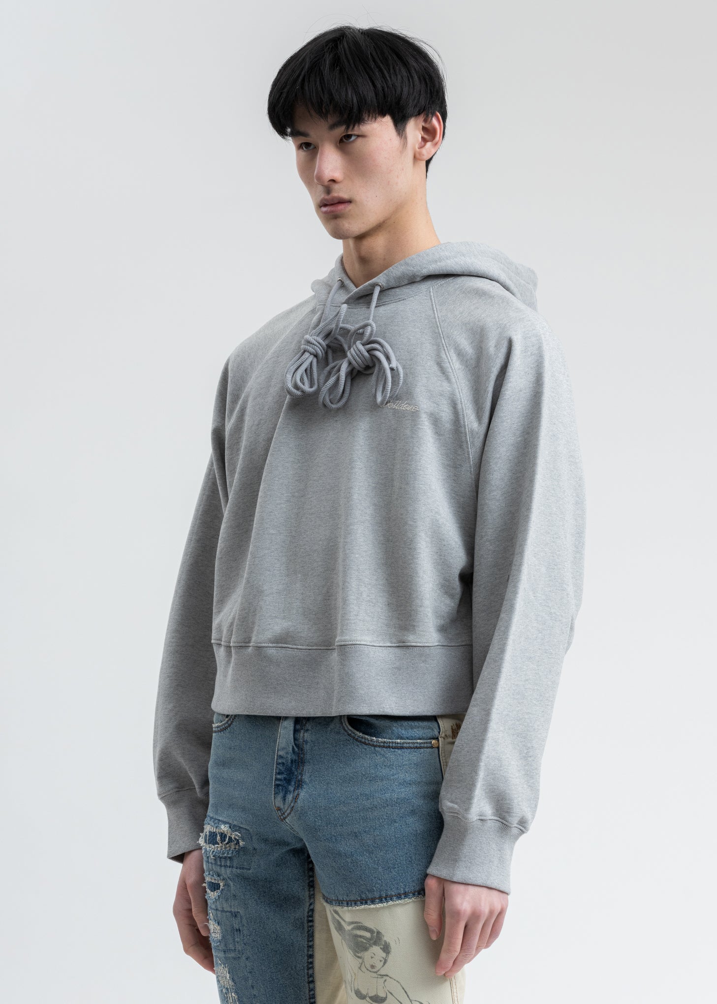 Grey We11done Embroidery Cropped Hoodie - Image 3