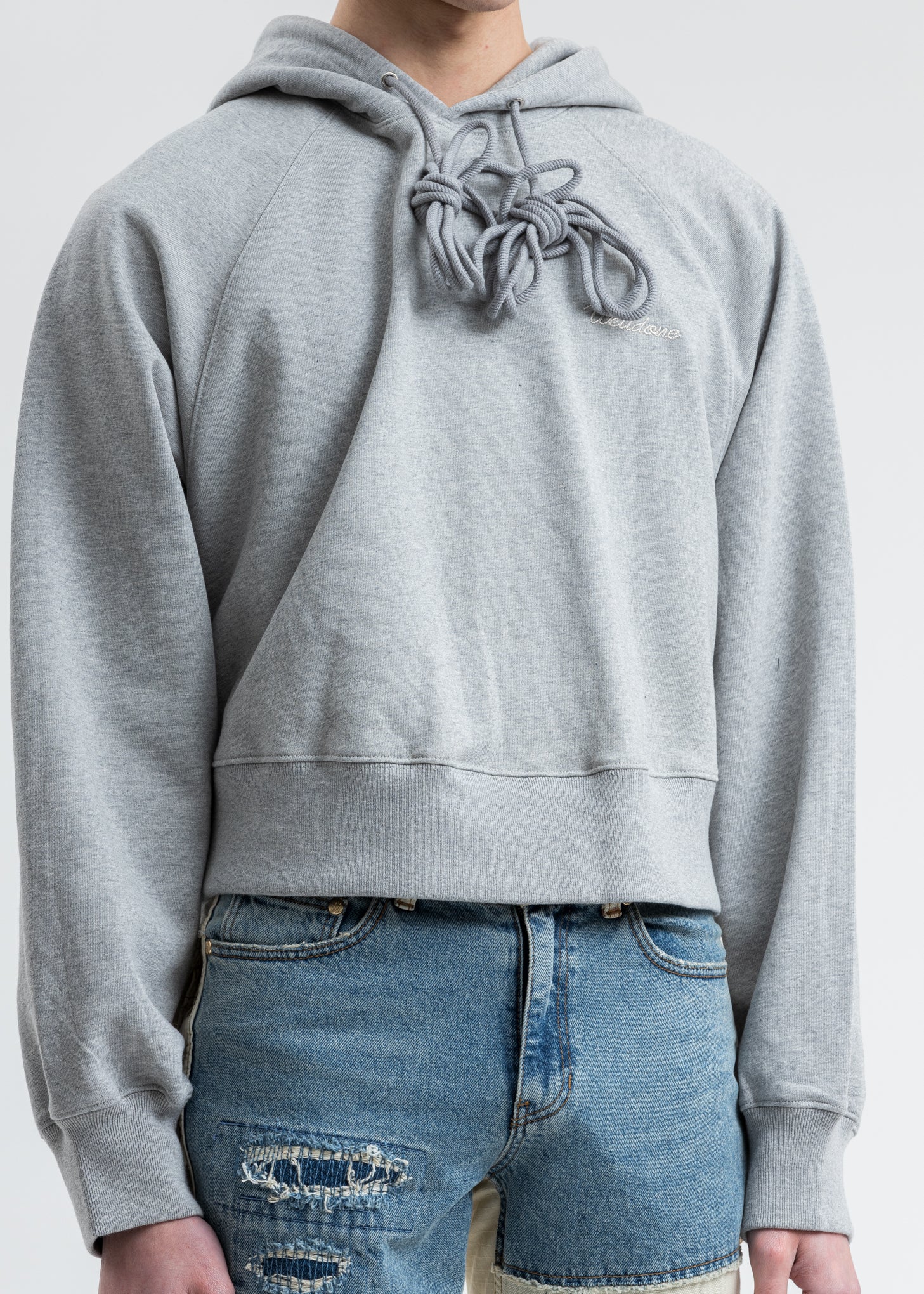 Grey We11done Embroidery Cropped Hoodie - Image 5
