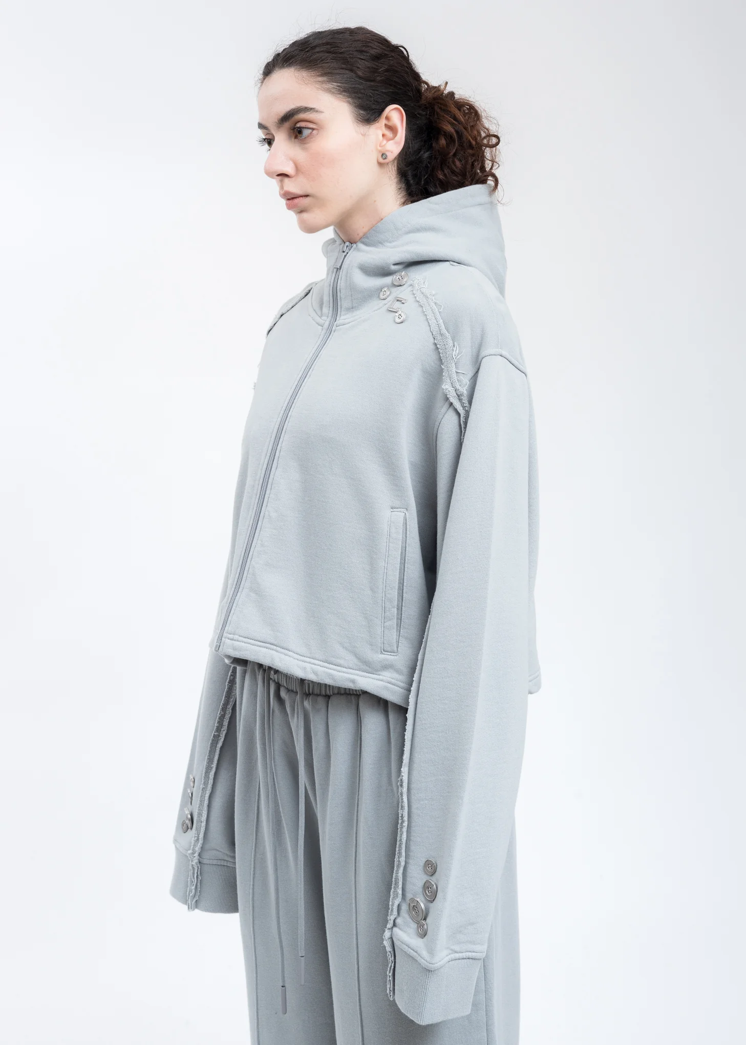 Grey Zippered Raw Edge Short Hoodie - Image 3