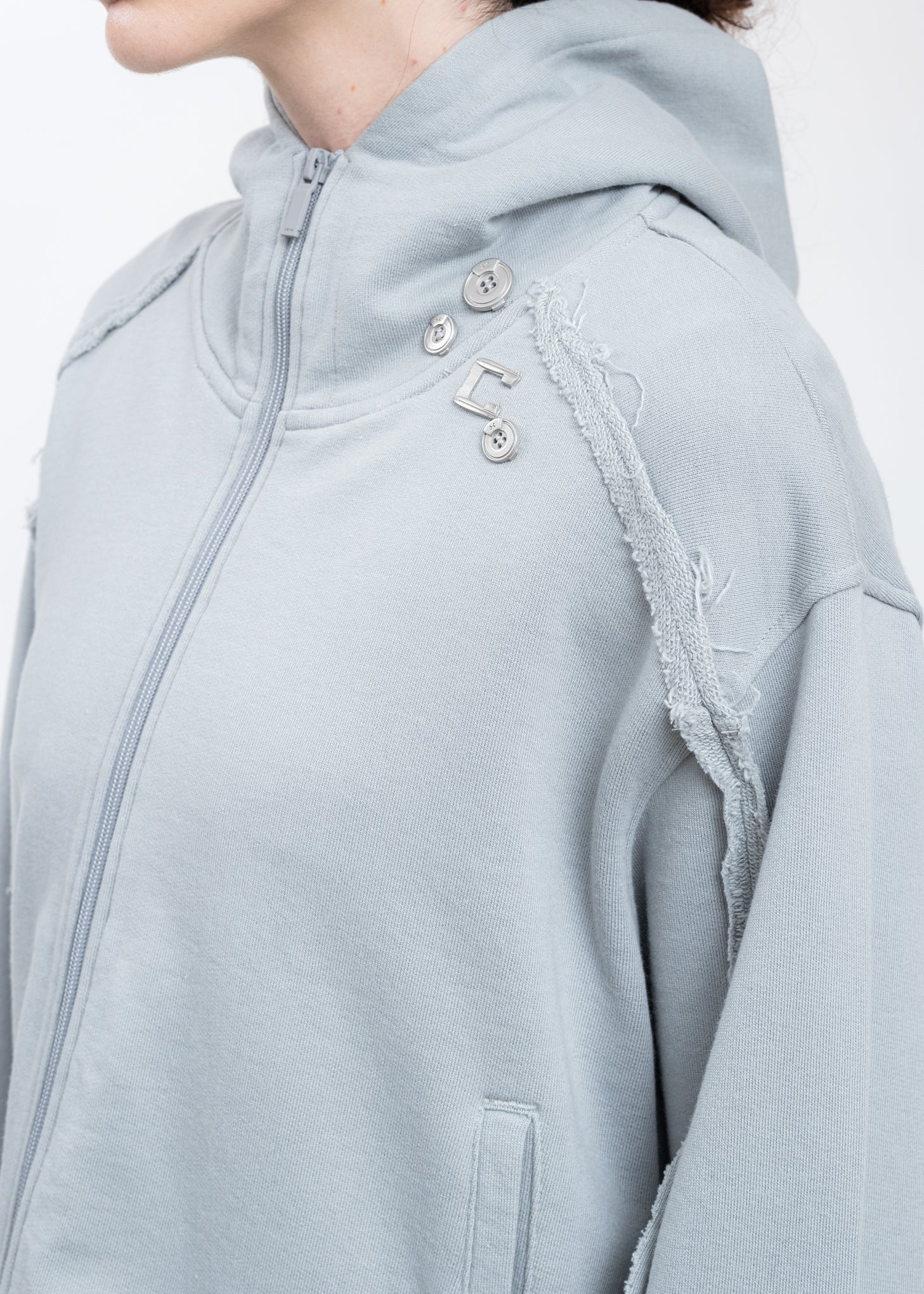 Grey Zippered Raw Edge Short Hoodie - Image 5