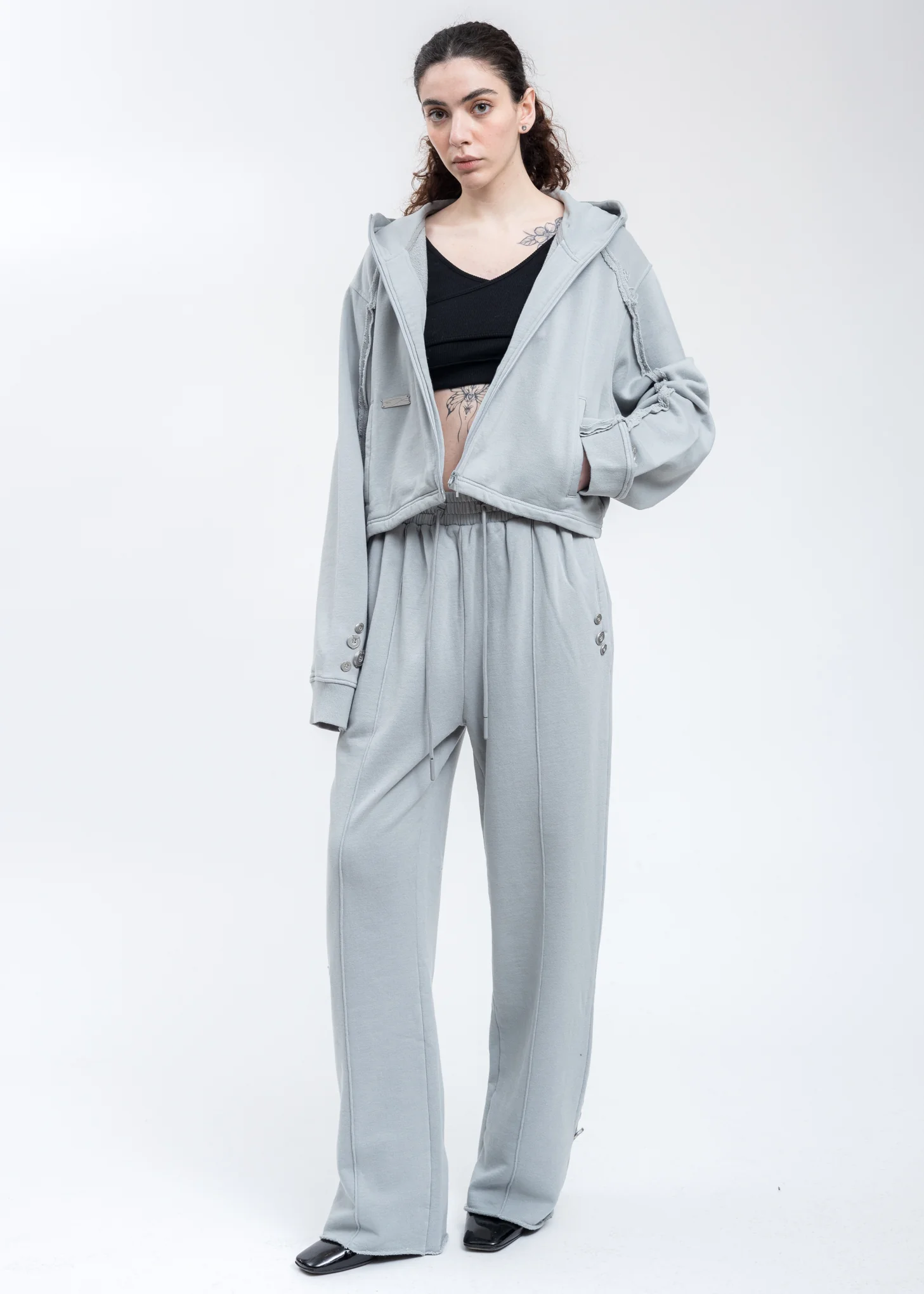 Grey Zippered Raw Edge Short Hoodie - Image 6