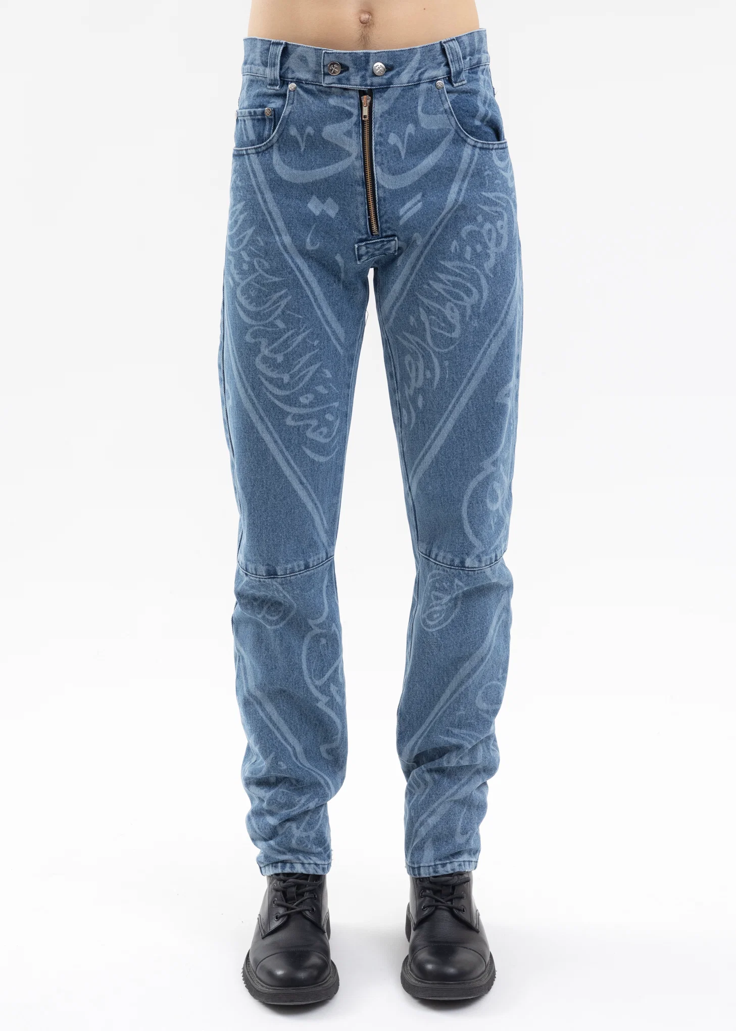 INDIGO 5 POCKET DENIM TROUSERS WITH PRINT
