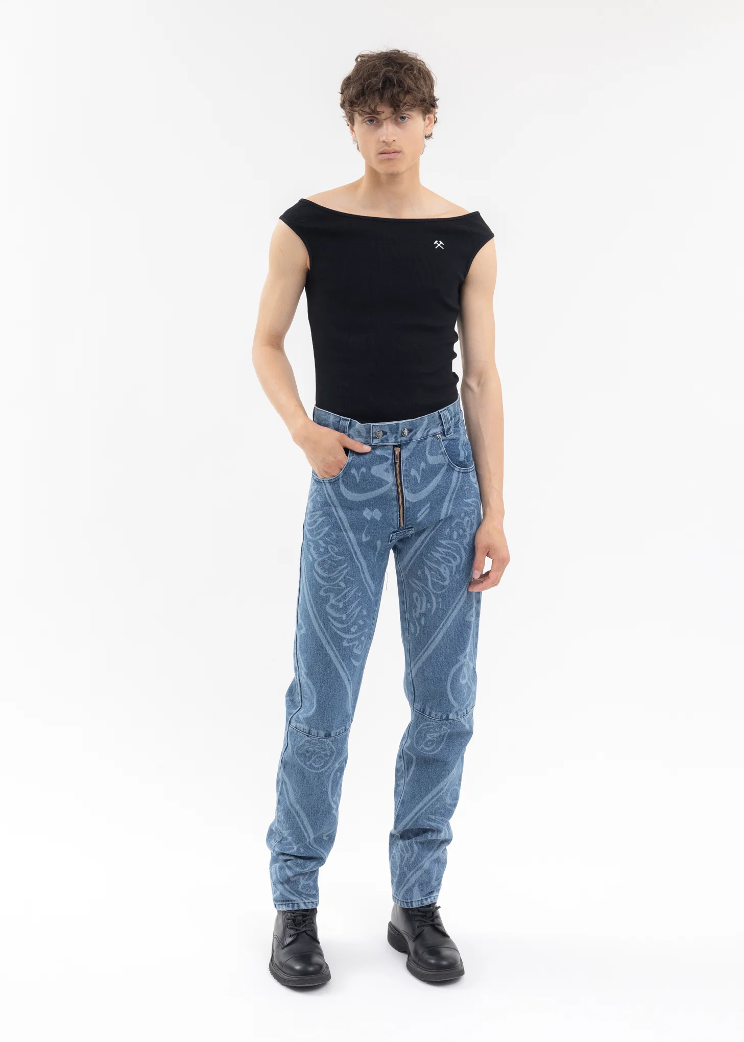 INDIGO 5 POCKET DENIM TROUSERS WITH PRINT - Image 5