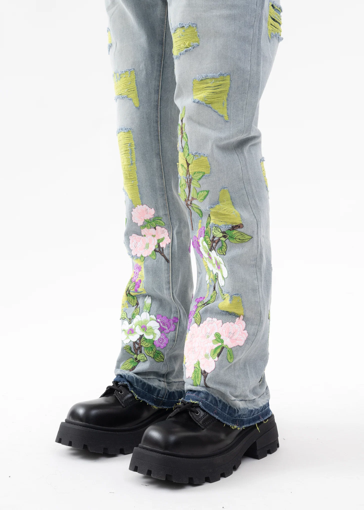 INDIGO EMBROIDERY PATCHWORK DENIM JEANS - Image 3