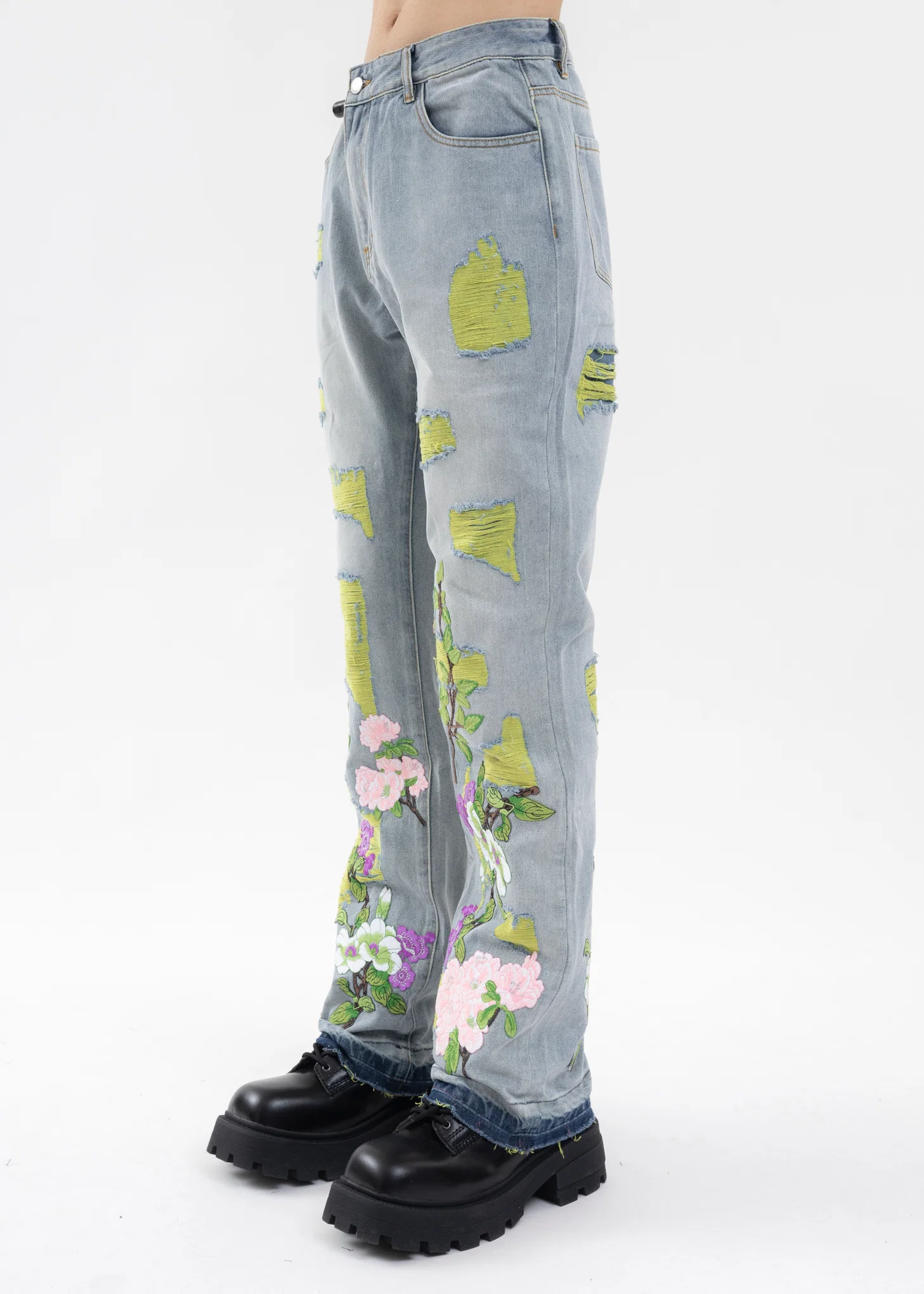 INDIGO EMBROIDERY PATCHWORK DENIM JEANS - Image 4