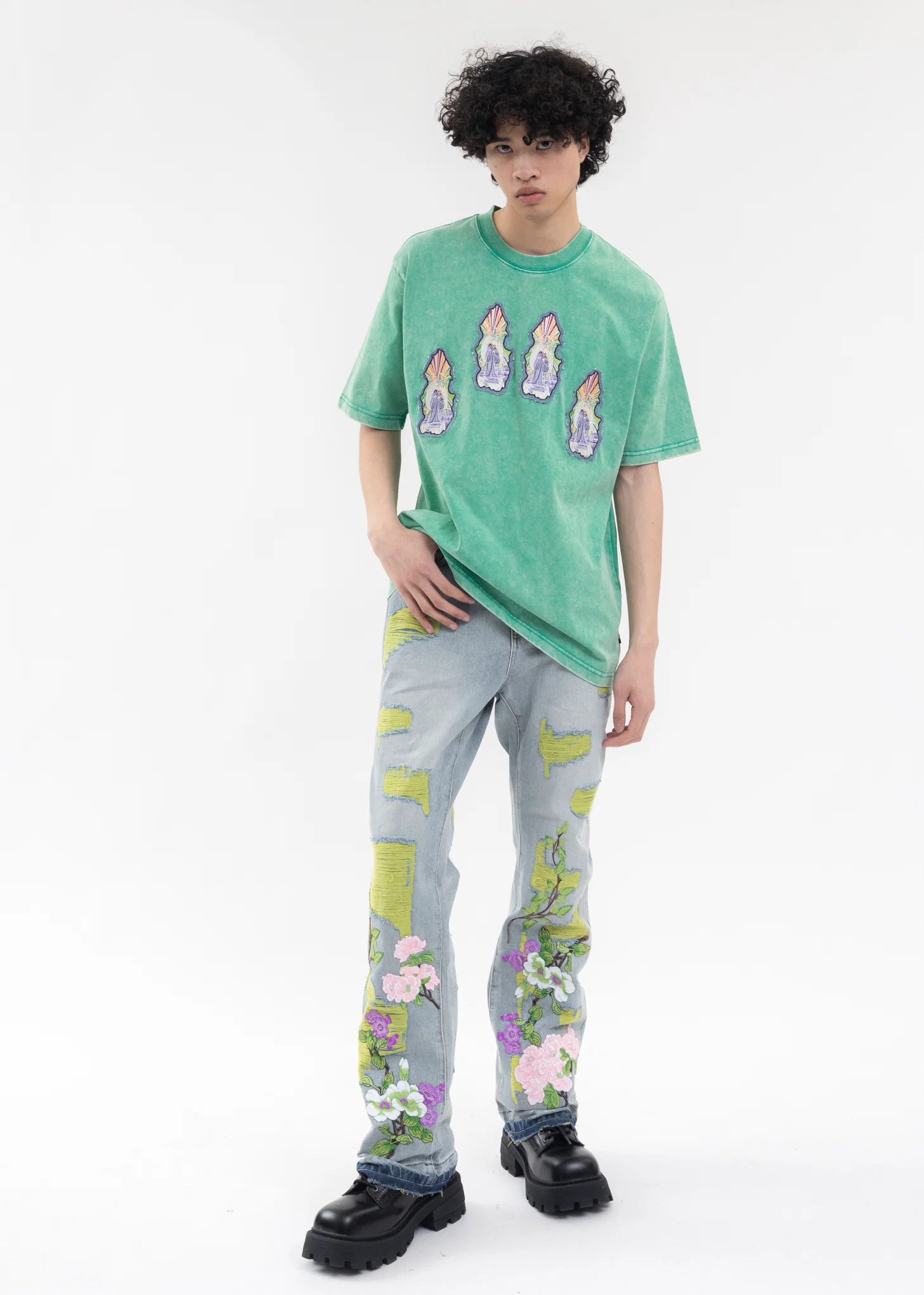 INDIGO EMBROIDERY PATCHWORK DENIM JEANS - Image 6