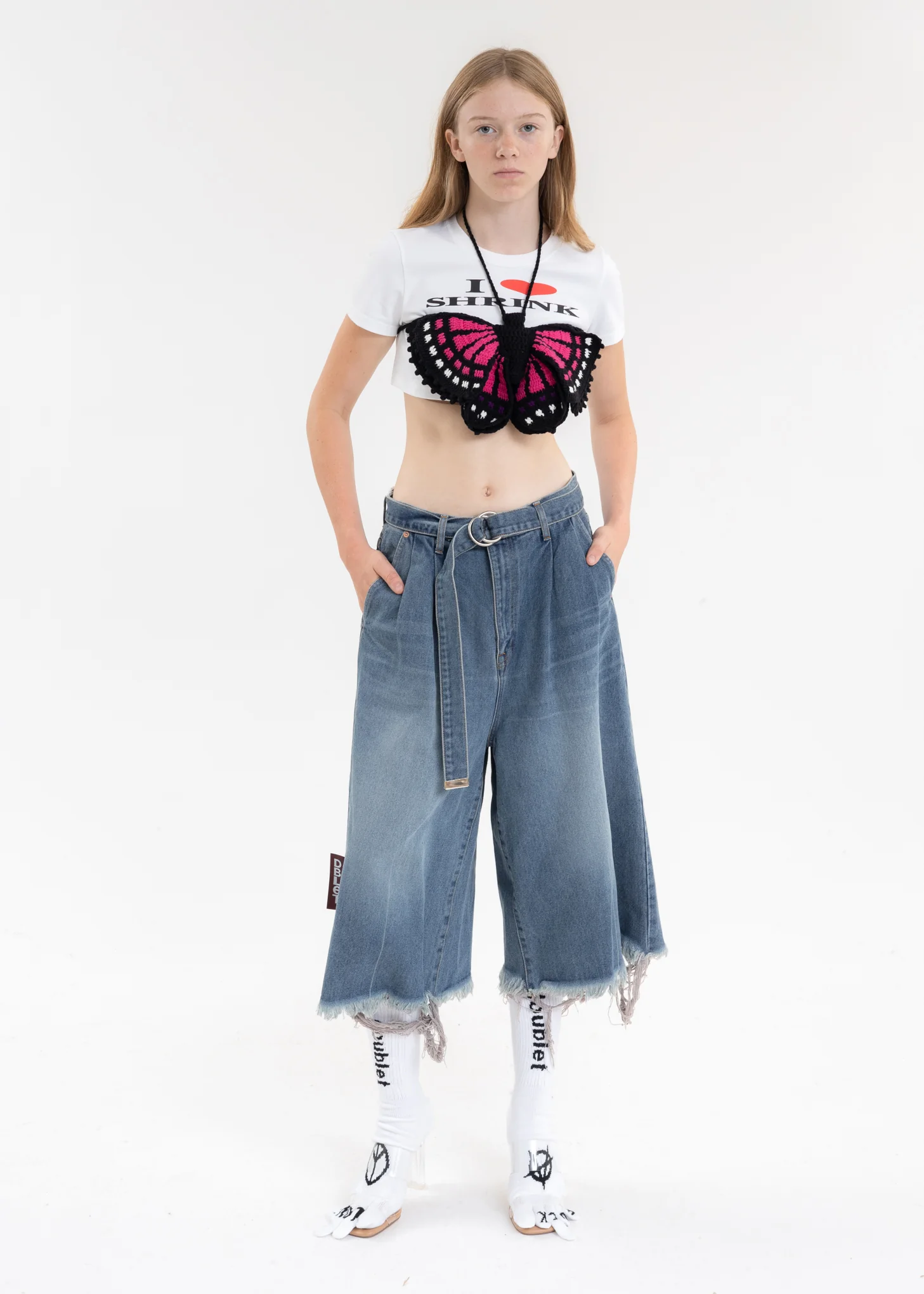 Indigo RECYCLE DENIM CUT-OFF WIDE PANTS - Image 6