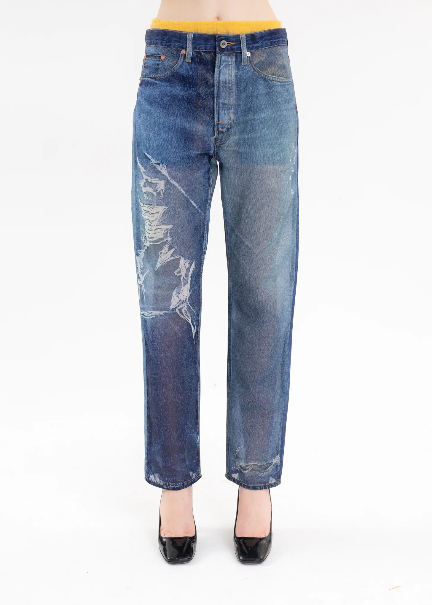 Indigo SEE-THROUGH PHOTO PRINT DENIM PANTS