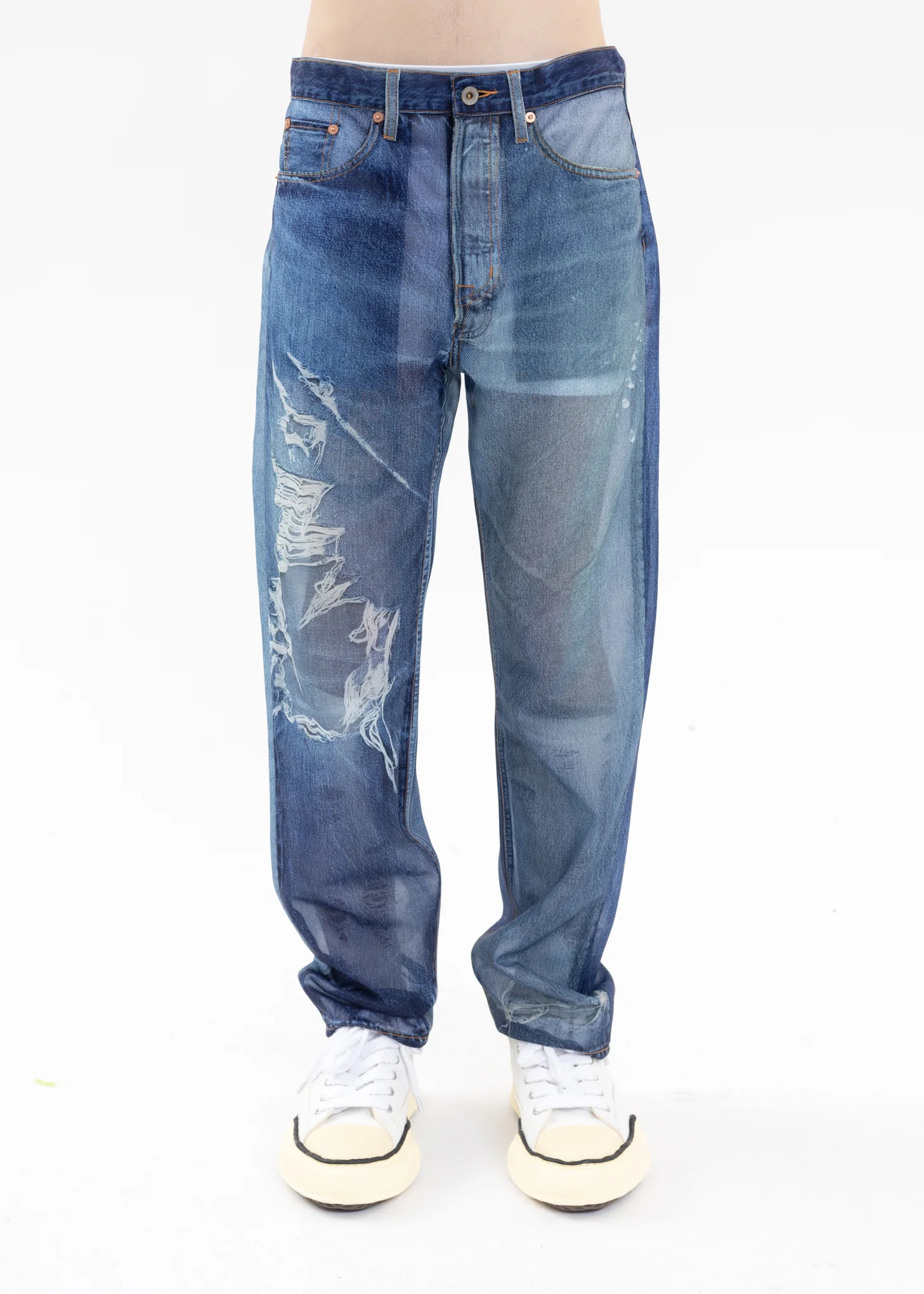 Indigo SEE-THROUGH PHOTO PRINT DENIM PANTS