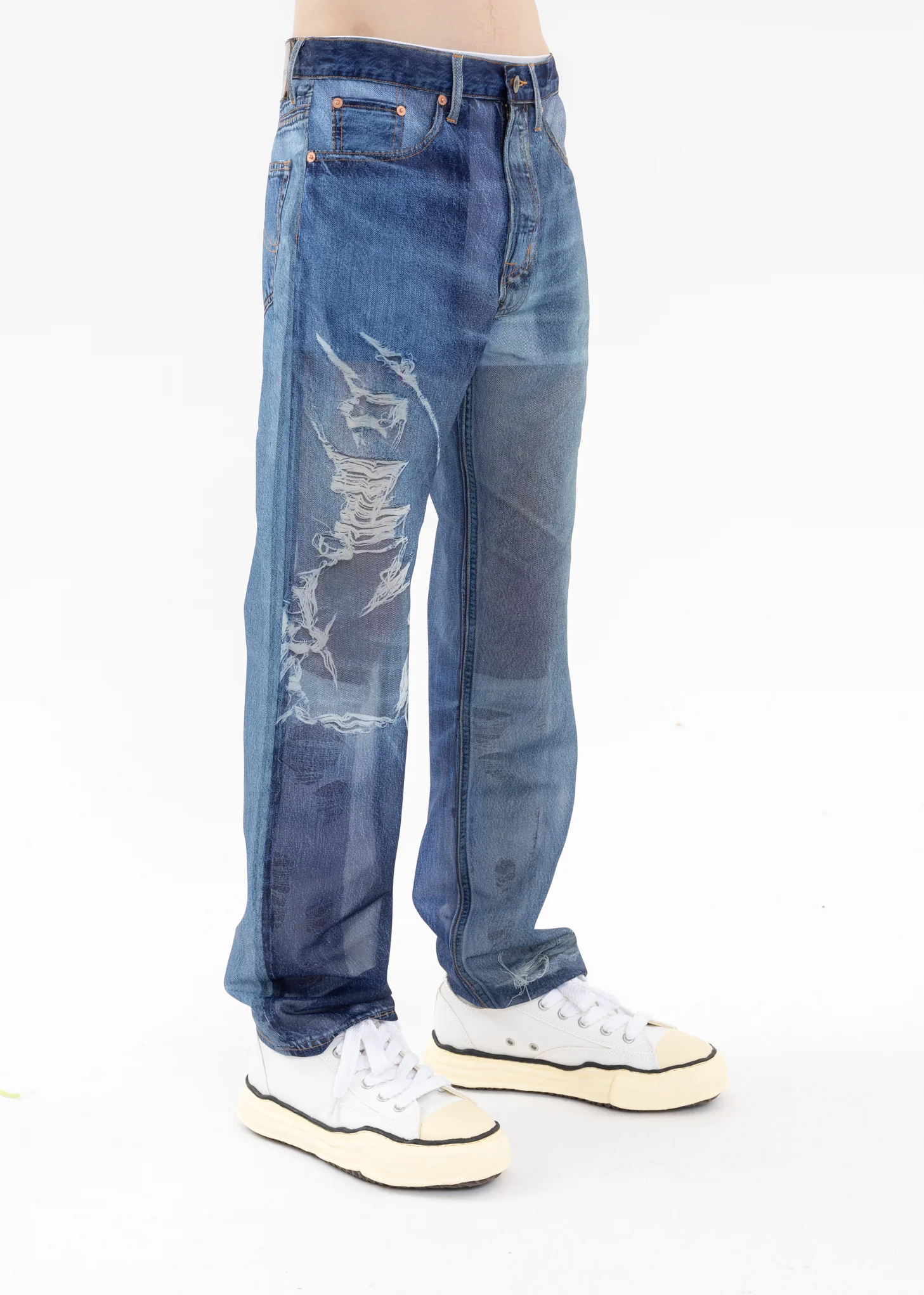 Indigo SEE-THROUGH PHOTO PRINT DENIM PANTS - Image 2