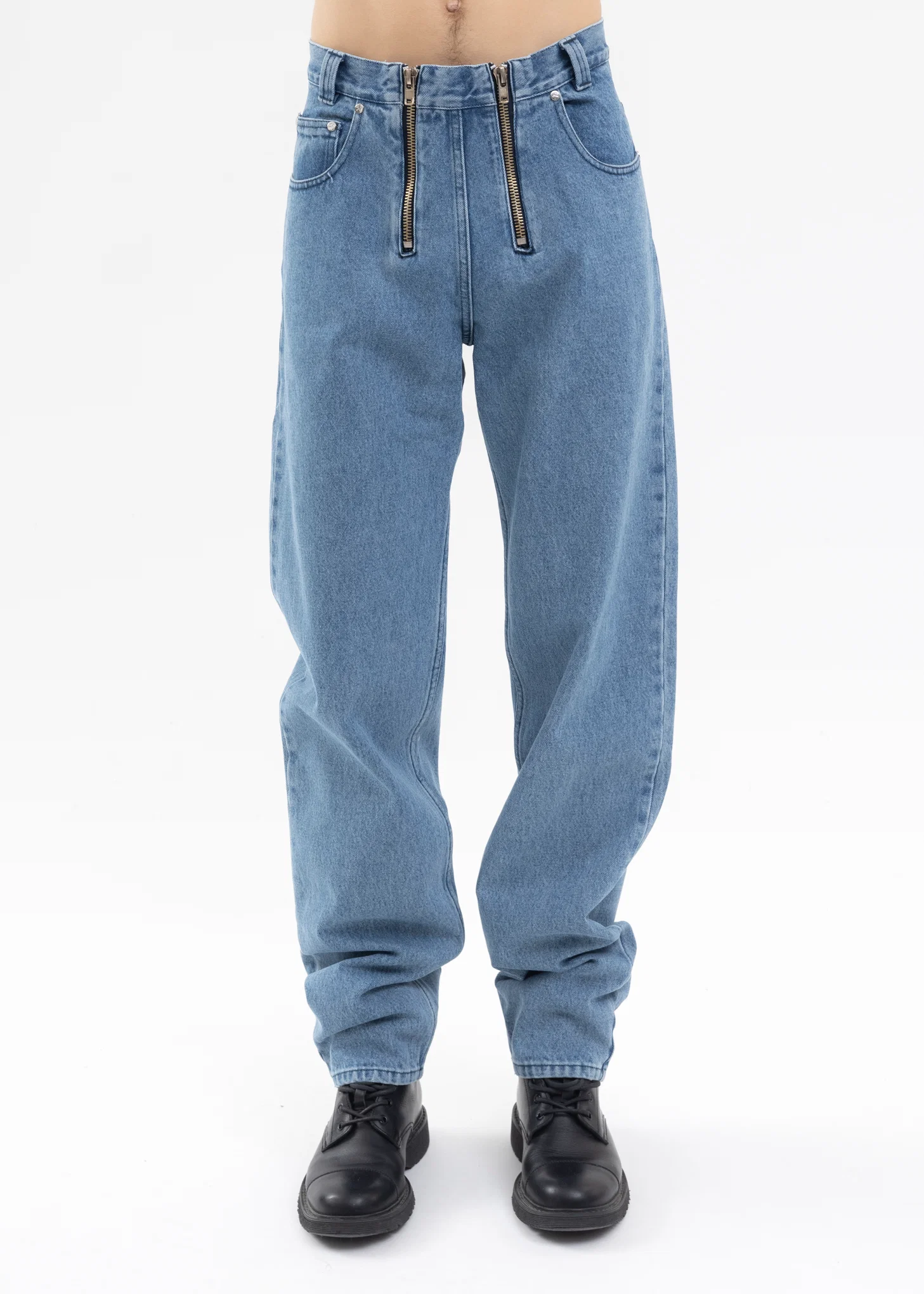 INDIGO WIDE LEG DENIM TROUSERS WITH DOUBLE ZIP