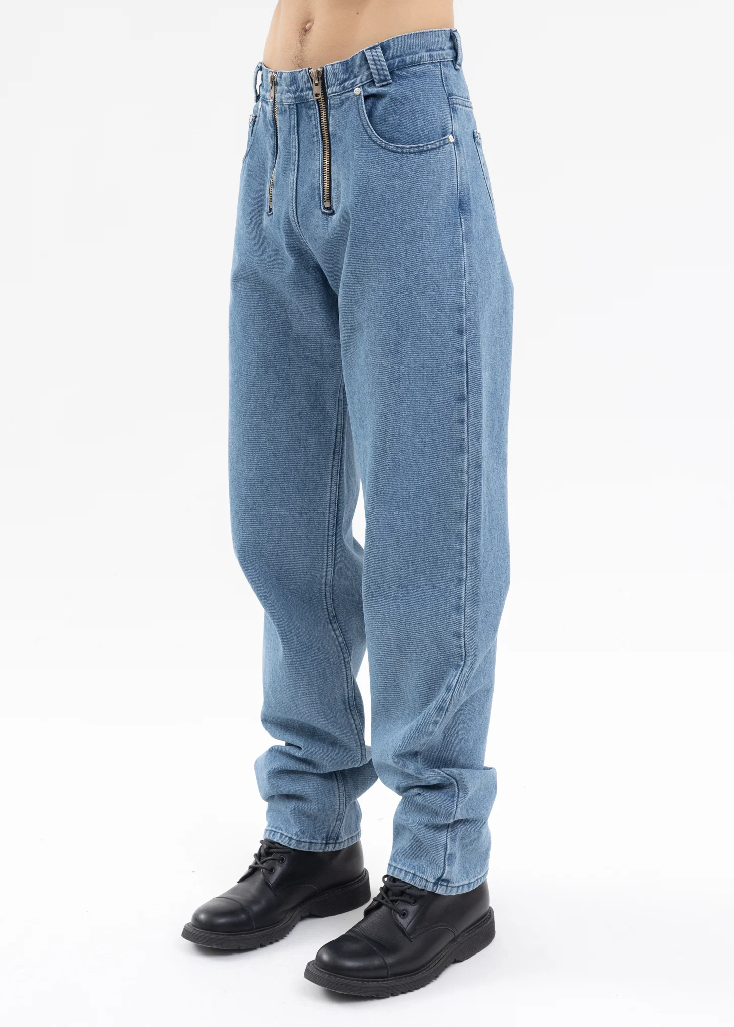 INDIGO WIDE LEG DENIM TROUSERS WITH DOUBLE ZIP - Image 3