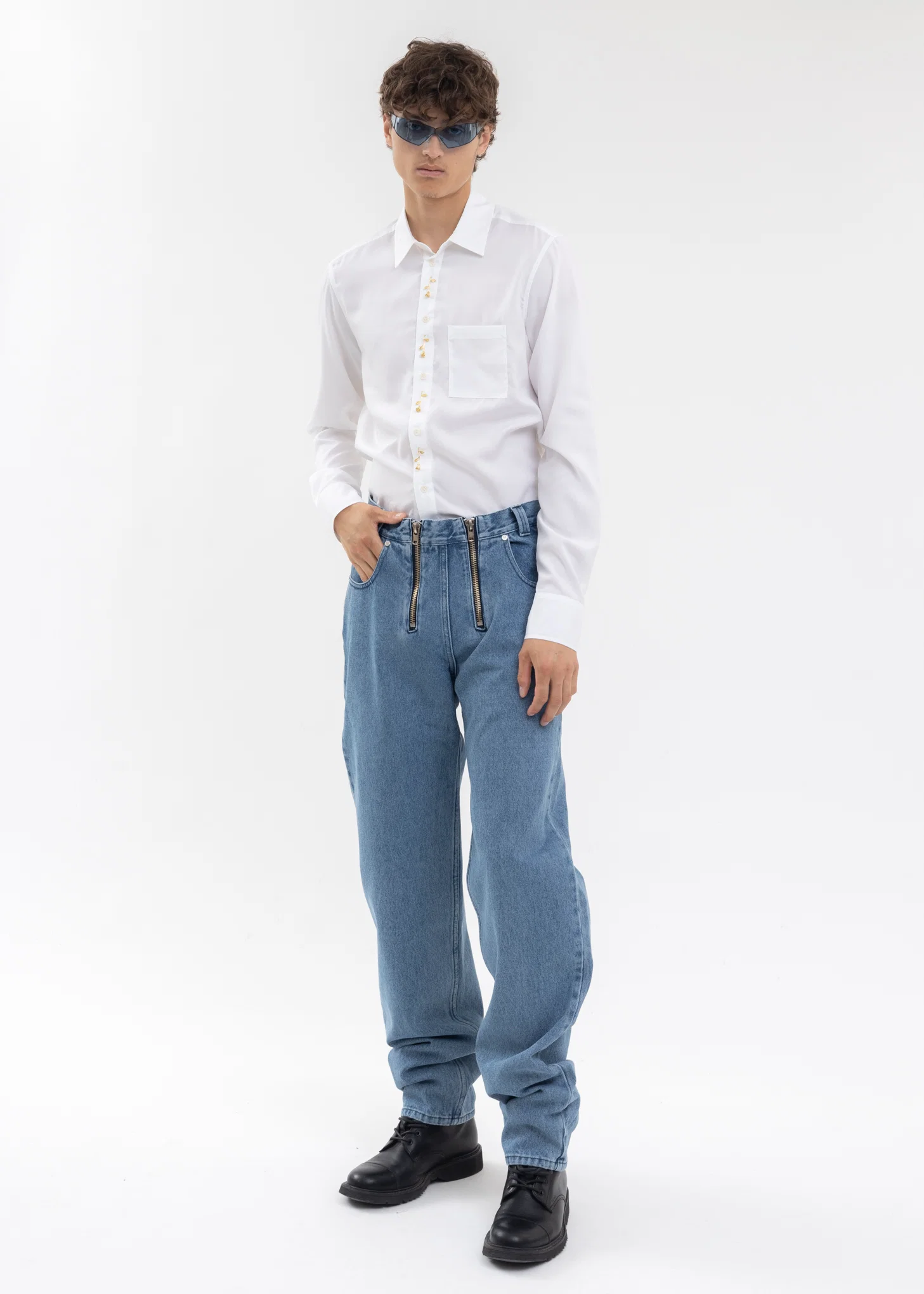 INDIGO WIDE LEG DENIM TROUSERS WITH DOUBLE ZIP - Image 5