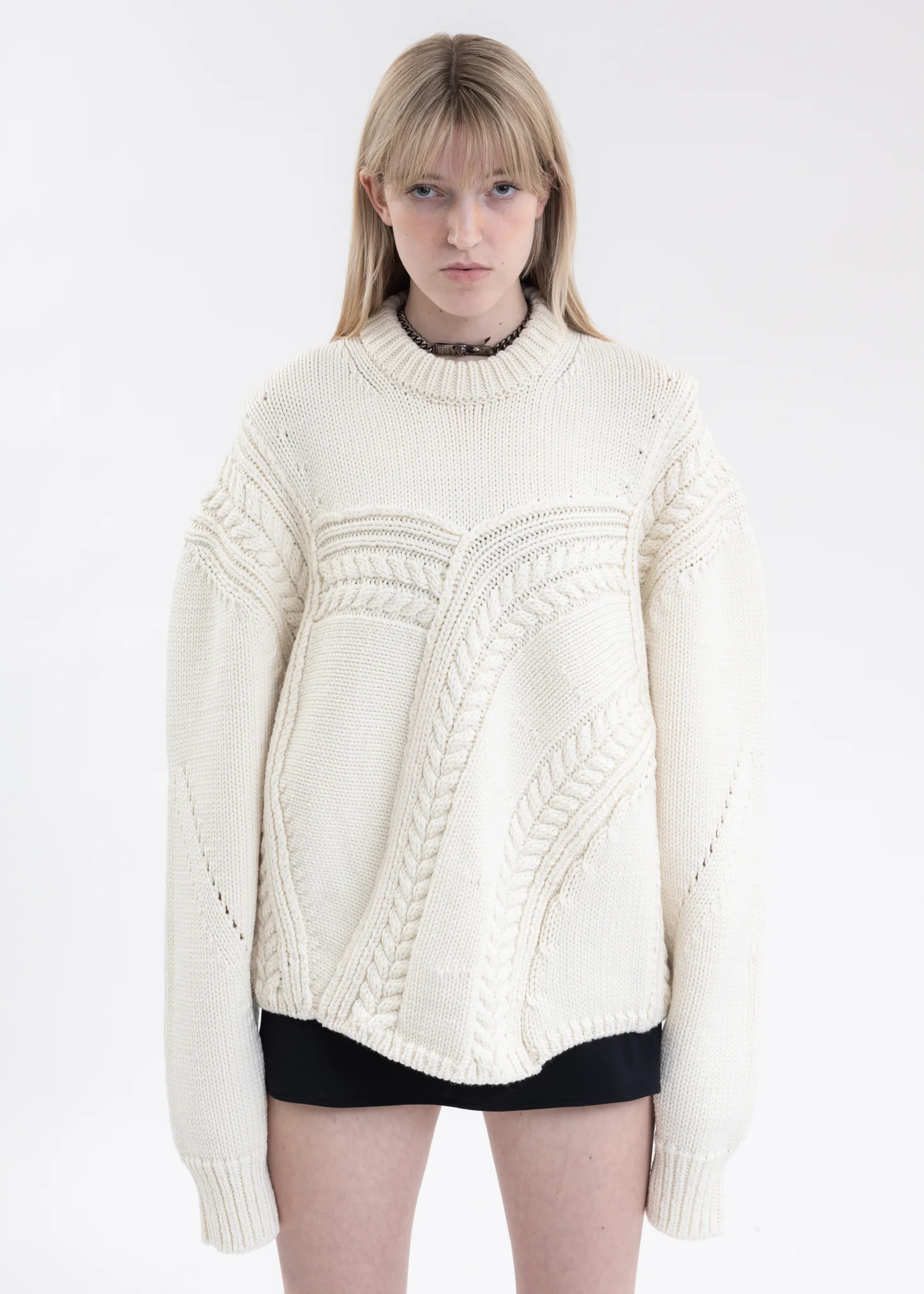 IVORY CABLE DETAIL MERINO WOOL KNIT SWEATER